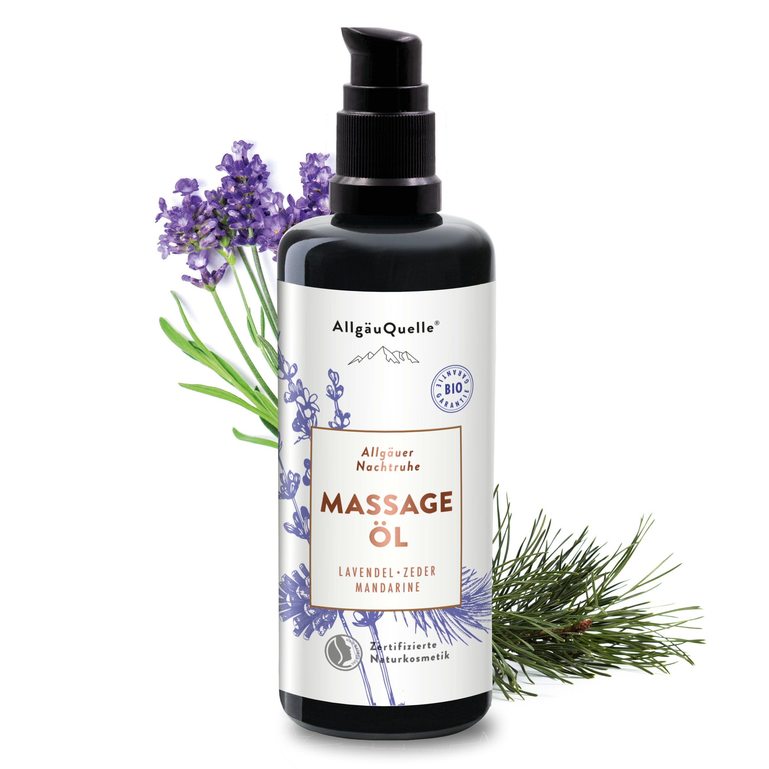 mit Zeder Nachtruhe, und Massageöl Allgäuquelle Lavendel, Bio Massageöl Allgäuer Mandarine