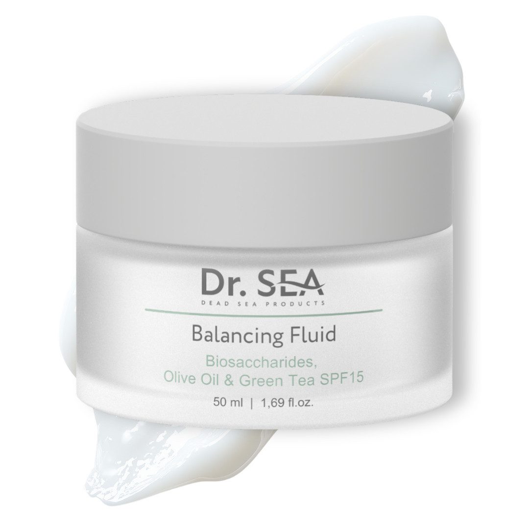 DR. SEA Tagescreme Balancierendes Feuchtigkeitsfluid Biosaccharide Olivenöl Grüntee SPF15, Mit Hyaluronsäure und Panthenol Komplex