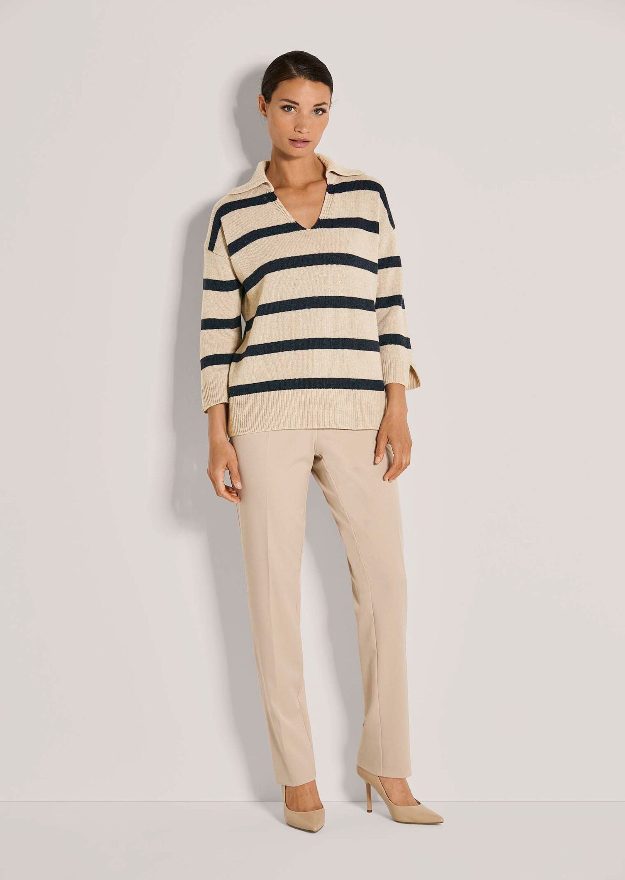 MADELEINE Strickpullover Stilvoller Wollpullover mit Polokragen Pullover in maritimen Ringel-Look mit V-Ausschnitt und 3/4-Ärmeln