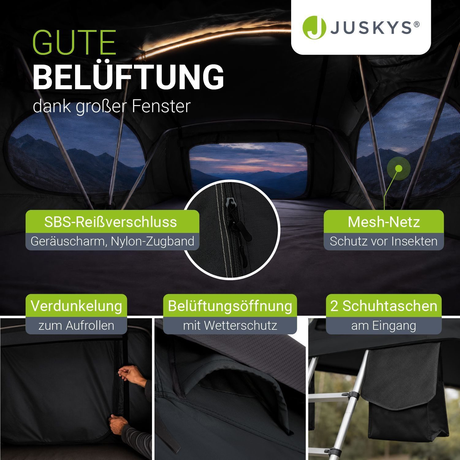 Juskys Dachzelt Lago, Wasserdicht, Teleskopleiter, 2 Personen Zelt, LED Beleuchtung