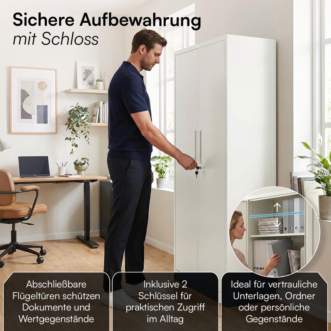 STEELSØN Aktenschrank Regulus aus Stahl, abschließbar mit 2 Schlüsseln (Weiß) Spindschrank mit 4 höhenverstellbaren Einlegeböden, 175x40x80 cm – Bild 5 von 5