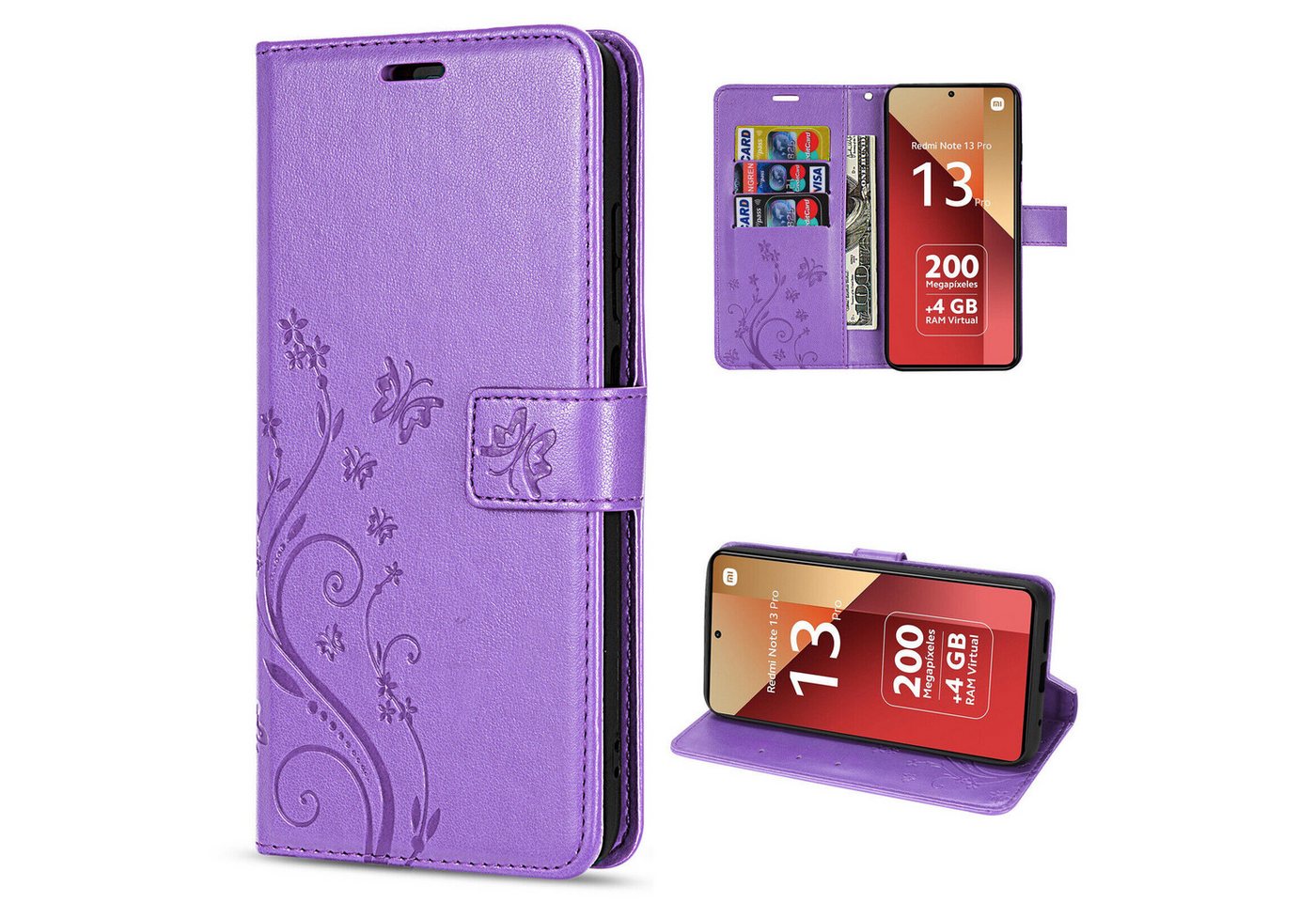 betterfon Handyhülle Handytasche für Xiaomi Redmi Note 13 Pro 4G Klapphülle, Bookstyle-Hülle: Magnetverschluss 3 Kartenfächer & Standfunktion