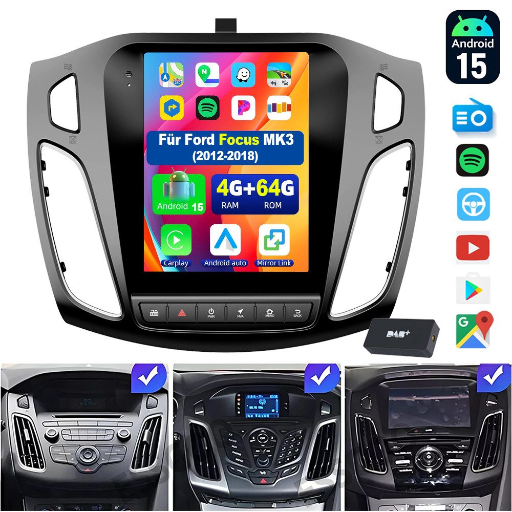 ESSGOO DAB+ 9.7'' Android15 CarPlay 2Din Autoradio für Ford Focus MK3 2012-18 Autoradio (RDS, 4+64GB(optional), Digitalradio (DAB), FM, GPS, BT4.1, SWC, Carplay Android Auto Bluetooth EQ USB GPS Navi WIFI Touchscreen)