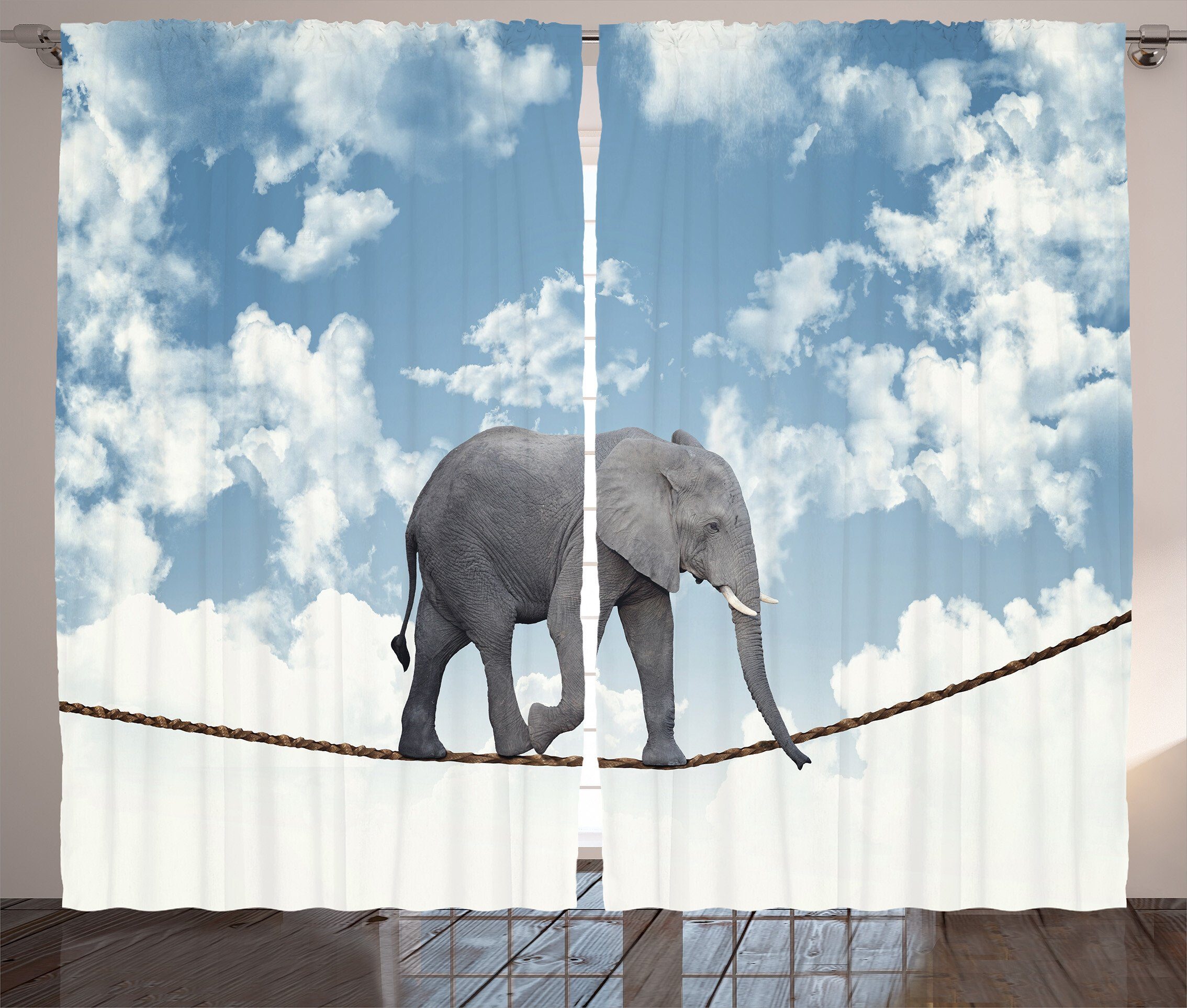Gardine Schlafzimmer Kräuselband Vorhang mit Schlaufen und Haken, Abakuhaus, Afrika Klassische Elefant Gleichgewicht | Fertiggardinen