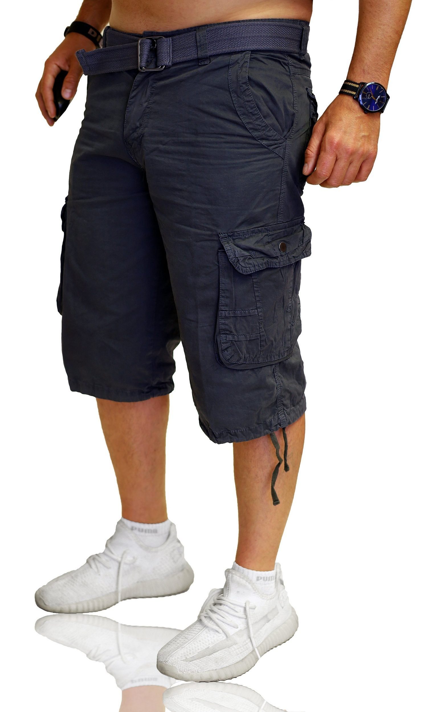 Anthrazit Unifarbe Cargos Shorts aus + kurze Gürtel Bermuda Short Hose RMK Baumwolle, in Cargoshorts Herren