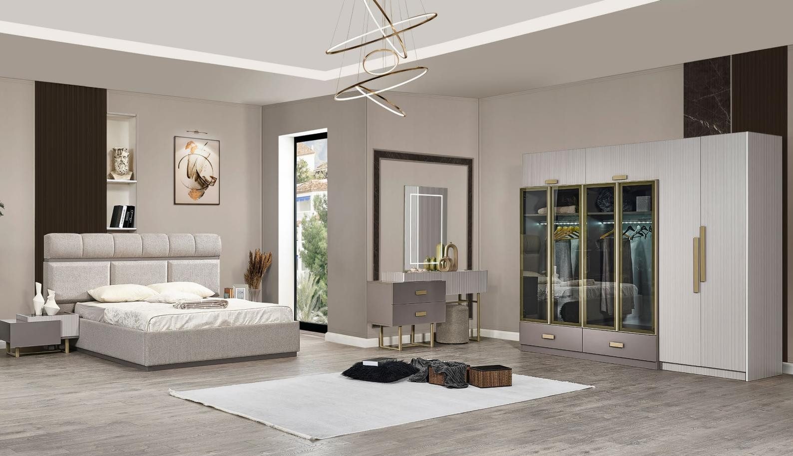 Schlafzimmer-Set Schlafzimmer Garnitur Doppelbett Nachttische Schrank Konsol Beige 5tlg