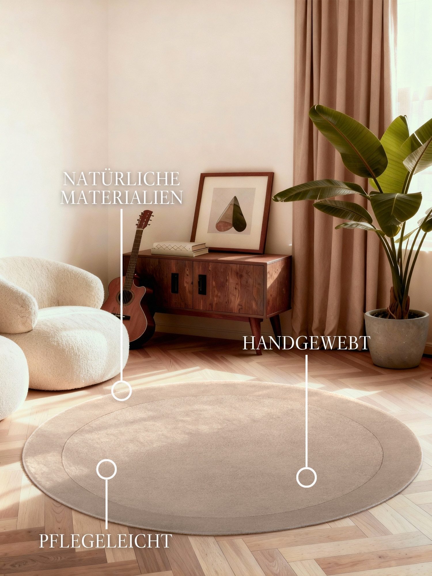 Villeroy & Boch Teppich Wollteppich Kivi, rund, Höhe: 17 mm, Handgewebt, Wolle, Bordüre, Einfarbig, Läufer, Wohnzimmer, Organisch – Bild 2 von 5