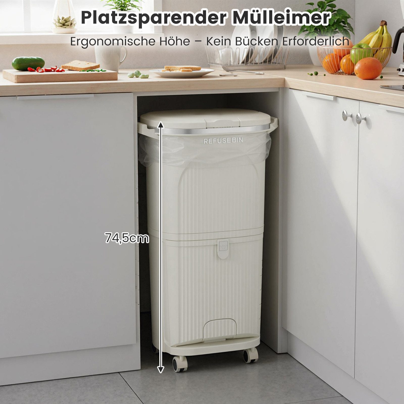 COSTWAY Mülleimer, Küche 3 Fächer Mülltrennsystem mit Rollen Tretmülleimer 38L