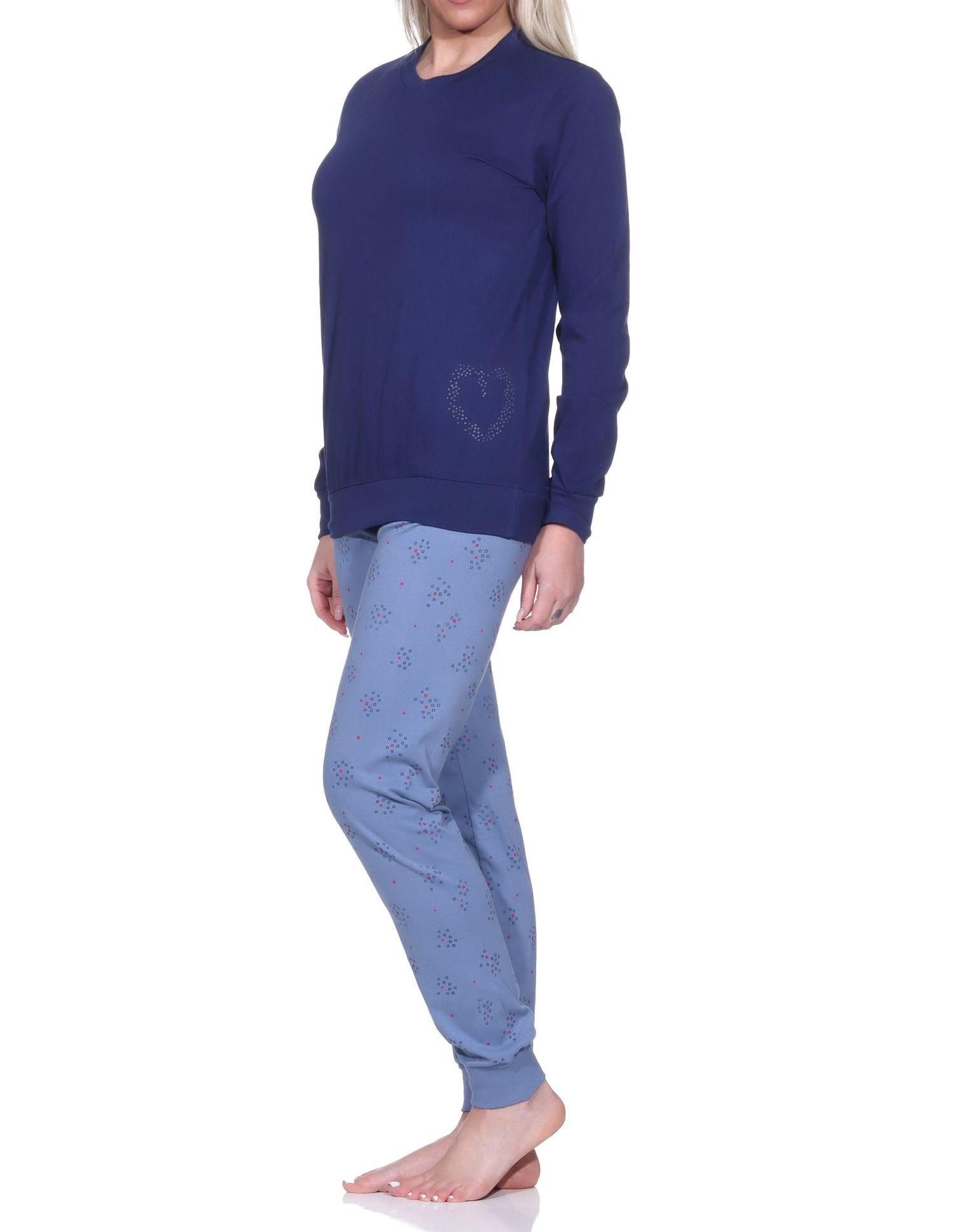 Normann Pyjama Normann Damen langarm Schlafanzug mit Bündchen Pyjama mit Herz Motiv