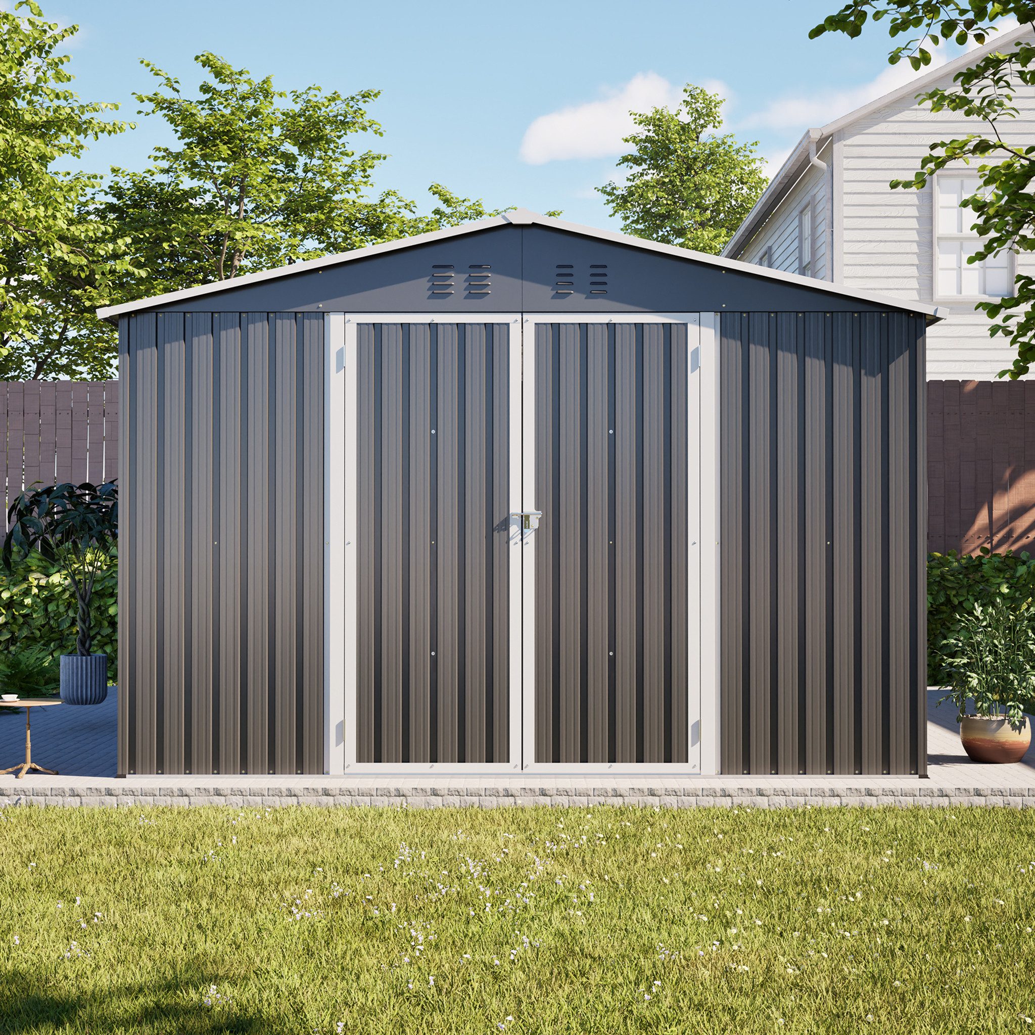 kowdom Gartenhaus Gartenschuppen 3x3m Metall Fundamentrahmen wetterfest abschließbar, (Set, Komplettset), Bodenrahmen inkl., wetterfest, UV-Schutz, Lüftungsdesign