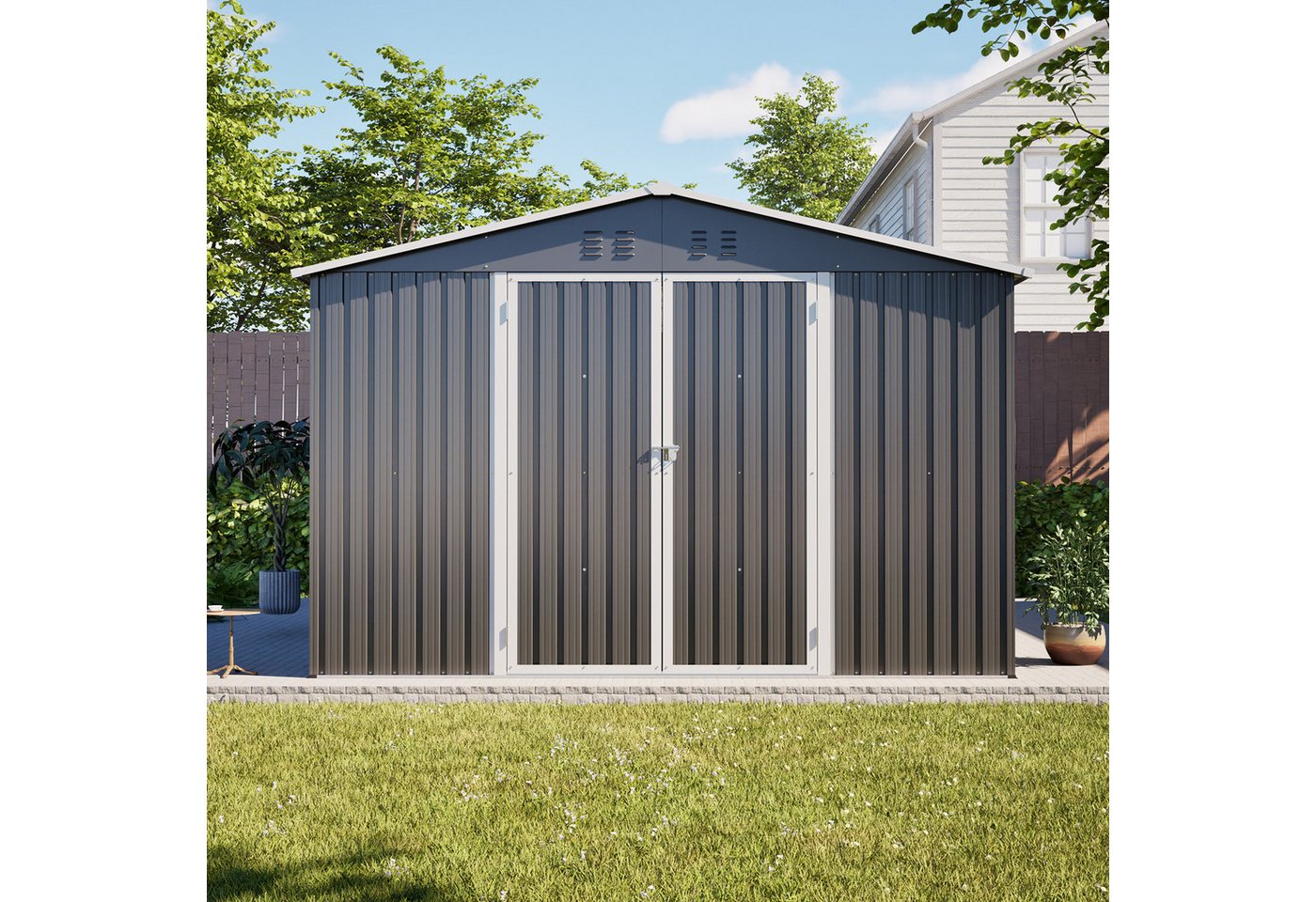 kowdom Gartenhaus Gartenschuppen 3x3m Metall Fundamentrahmen wetterfest abschließbar, (Set, Komplettset), Bodenrahmen inkl., wetterfest, UV-Schutz, Lüftungsdesign