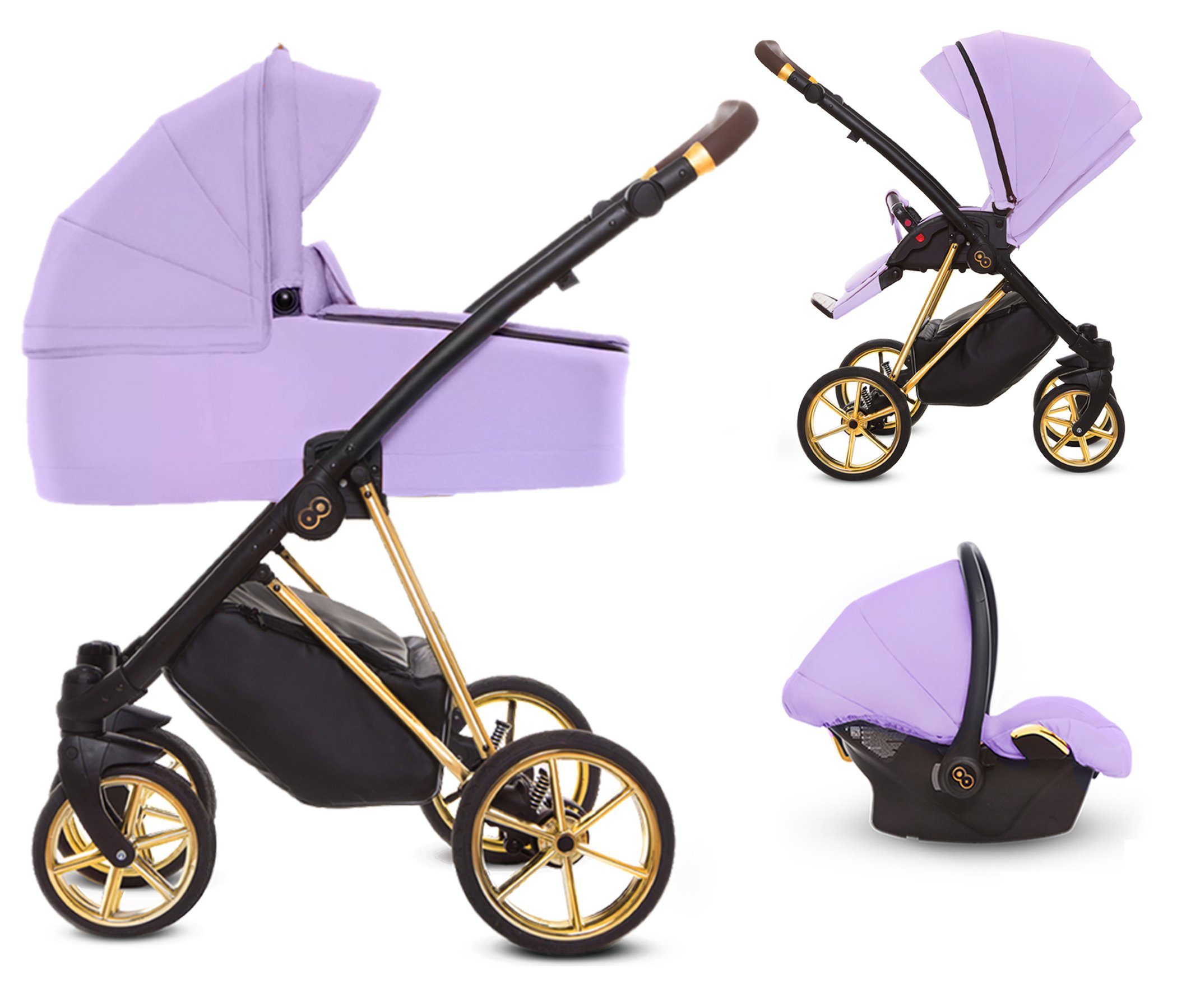 TPFFamily Kombi-Kinderwagen 3 in 1 Musse Ultra, Baby Buggy Babywanne Autositz, großes Zubehör-Set Kinderwagen 3 in 1 Stoff Lila, Gestell Gold