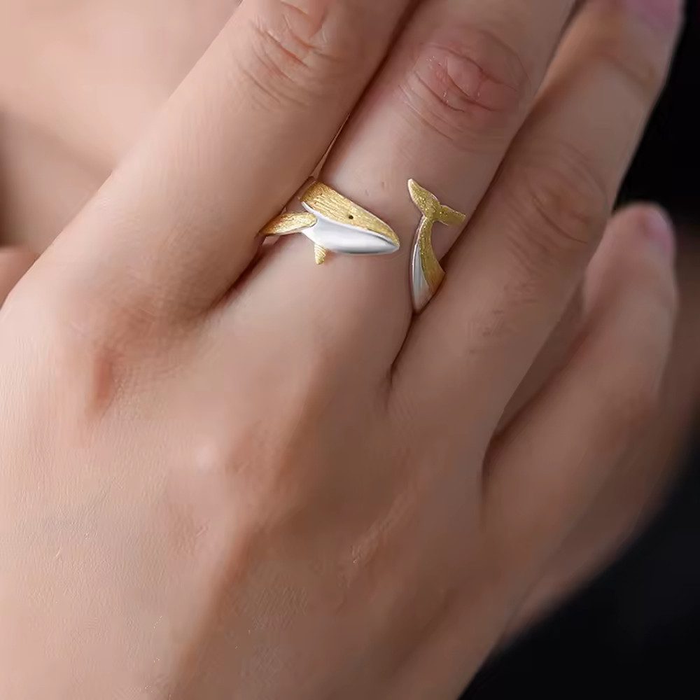 Runde Perlé Silberring offener verstellbarer Ring "kleiner Wal", handgefertigter Ring, 925er Silber, 18K Gold