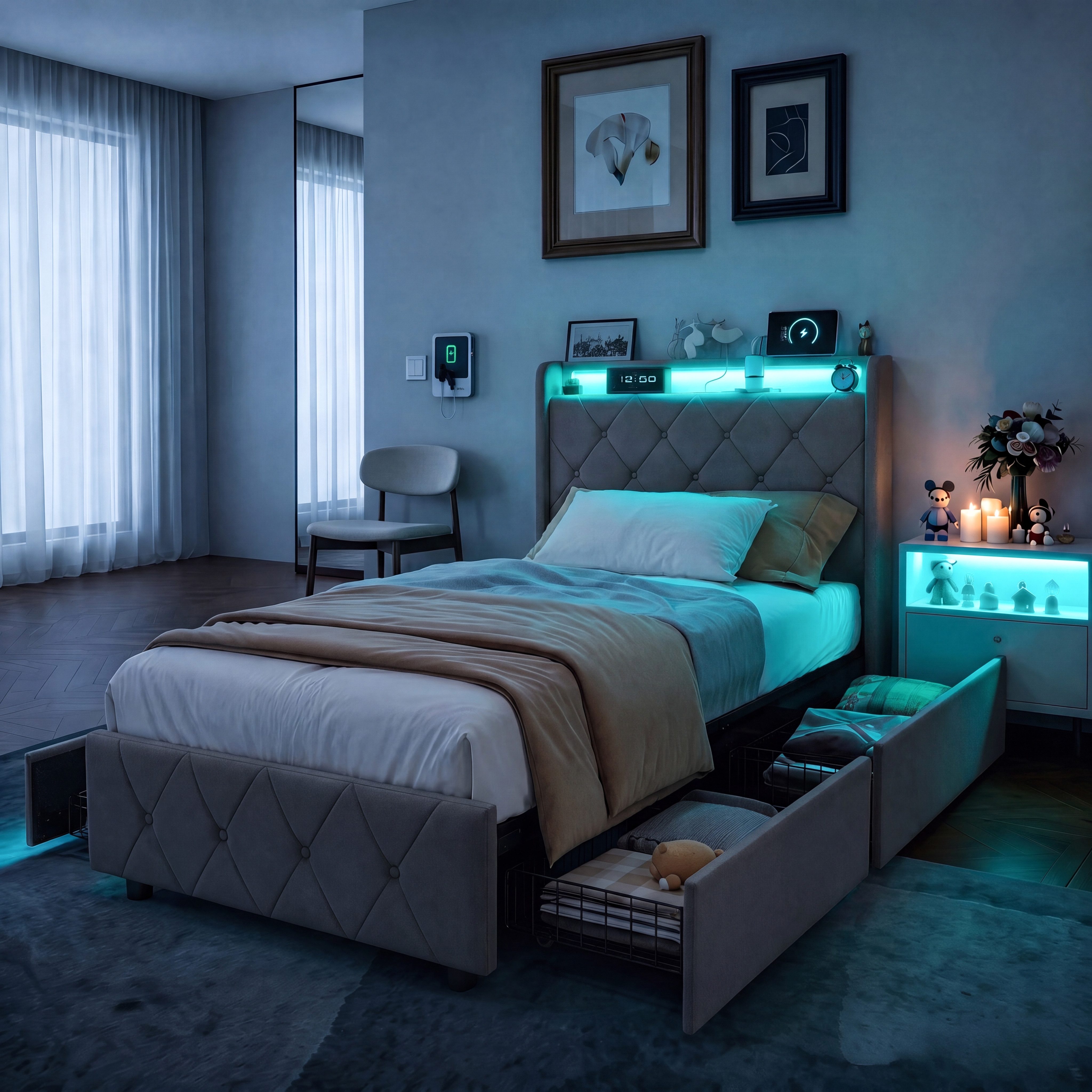PXloue Polsterbett Led Doppelbett (1-tlg., Modernes Jugendbett, Leises Design Bett, Samtmaterial Polsterbett), Mit LED-Beleuchtung und Ladefunktion, Belastbarkeit 300 kg