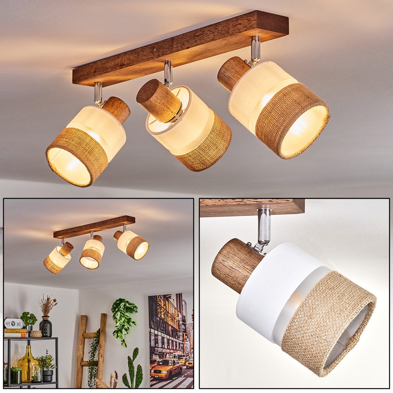 hofstein Deckenleuchte moderne Deckenlampe aus Holz/Metall/Leinen in Dunklebraun/Chrom/Weiß, ohne Leuchtmittel, verstellbaren Strahlern, 3 x E14, ohne Leuchtmittel