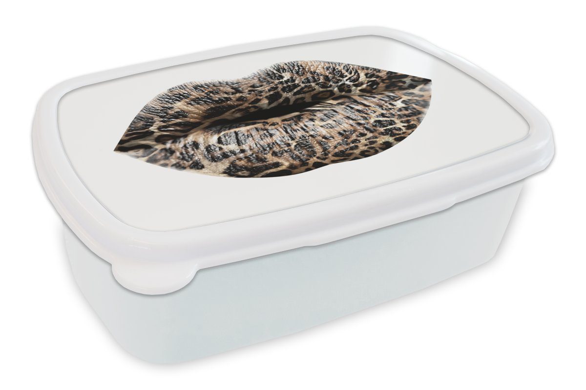 MuchoWow Lunchbox Lippen - Tigerdruck - Weiß, Kunststoff, (2-tlg), Brotbox für Kinder und Erwachsene, Brotdose, für Jungs und Mädchen