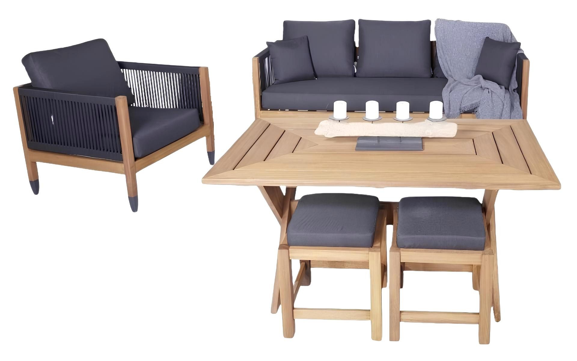 Xlmoebel Sessel Stilvolles Gartenmöbel-Set mit Esstisch und Hockern (5tlg Gartenmöbel Set (Sofa 3 Sitzer + Sessel + Esstisch + 2x Hocker), Hergestellt in Europa