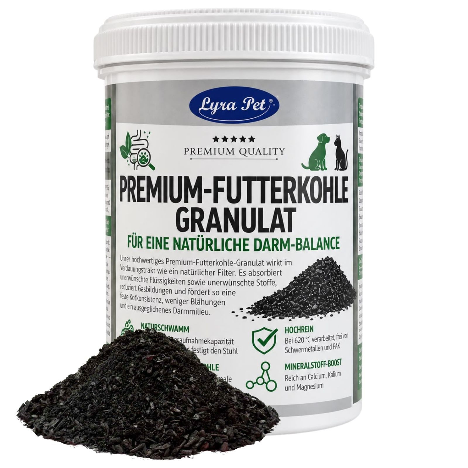 Lyra Pet 250 -1500 g Lyra Pet® Premium-Futterkohle Granulat für Hunde & Katzen, Ergänzungsfutter für: Hund, Katze