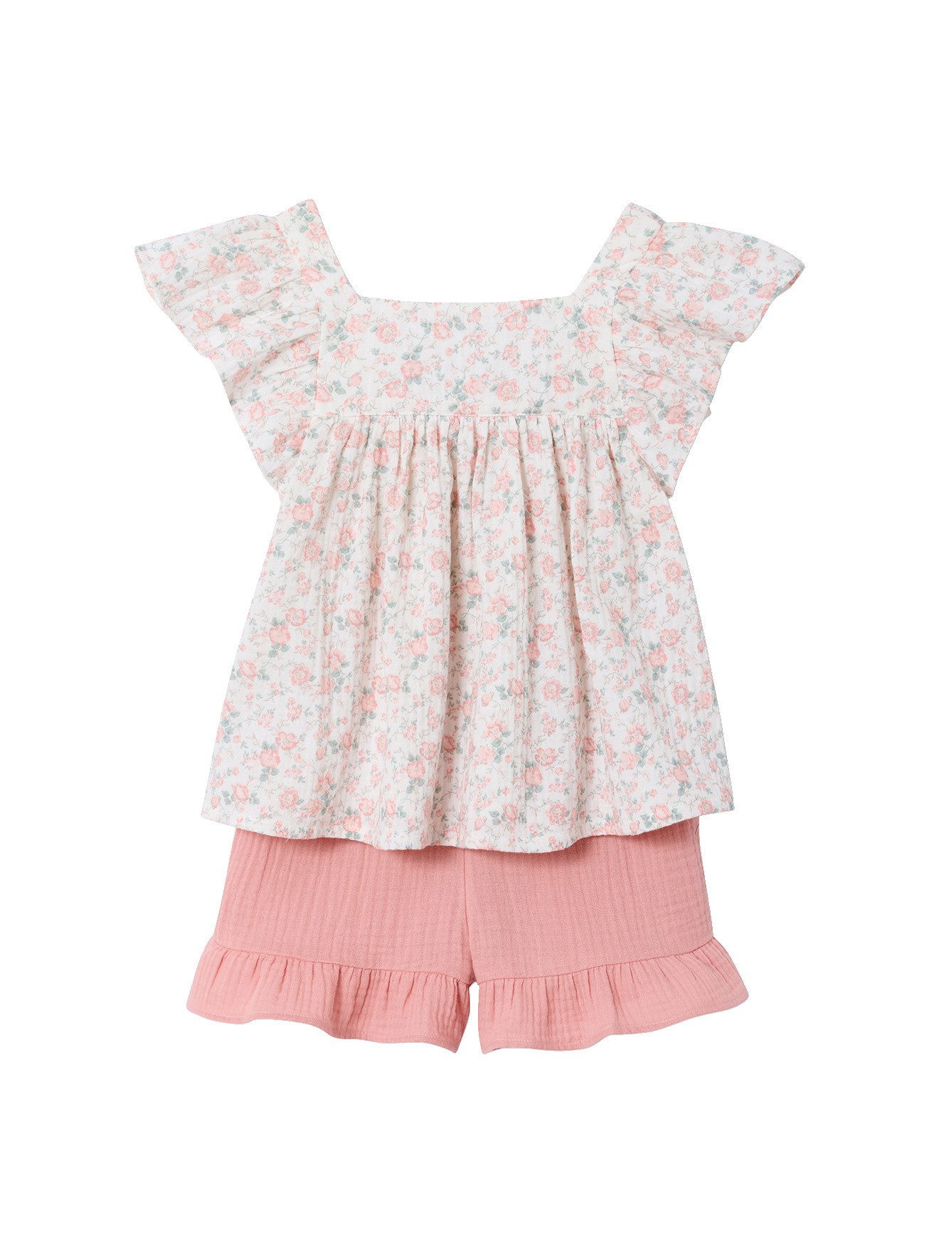 vertbaudet Kleid & Hose Set aus T-Shirt und Shorts für Mädchen Karree-Ausschnitt, Baumwoll-Musselin