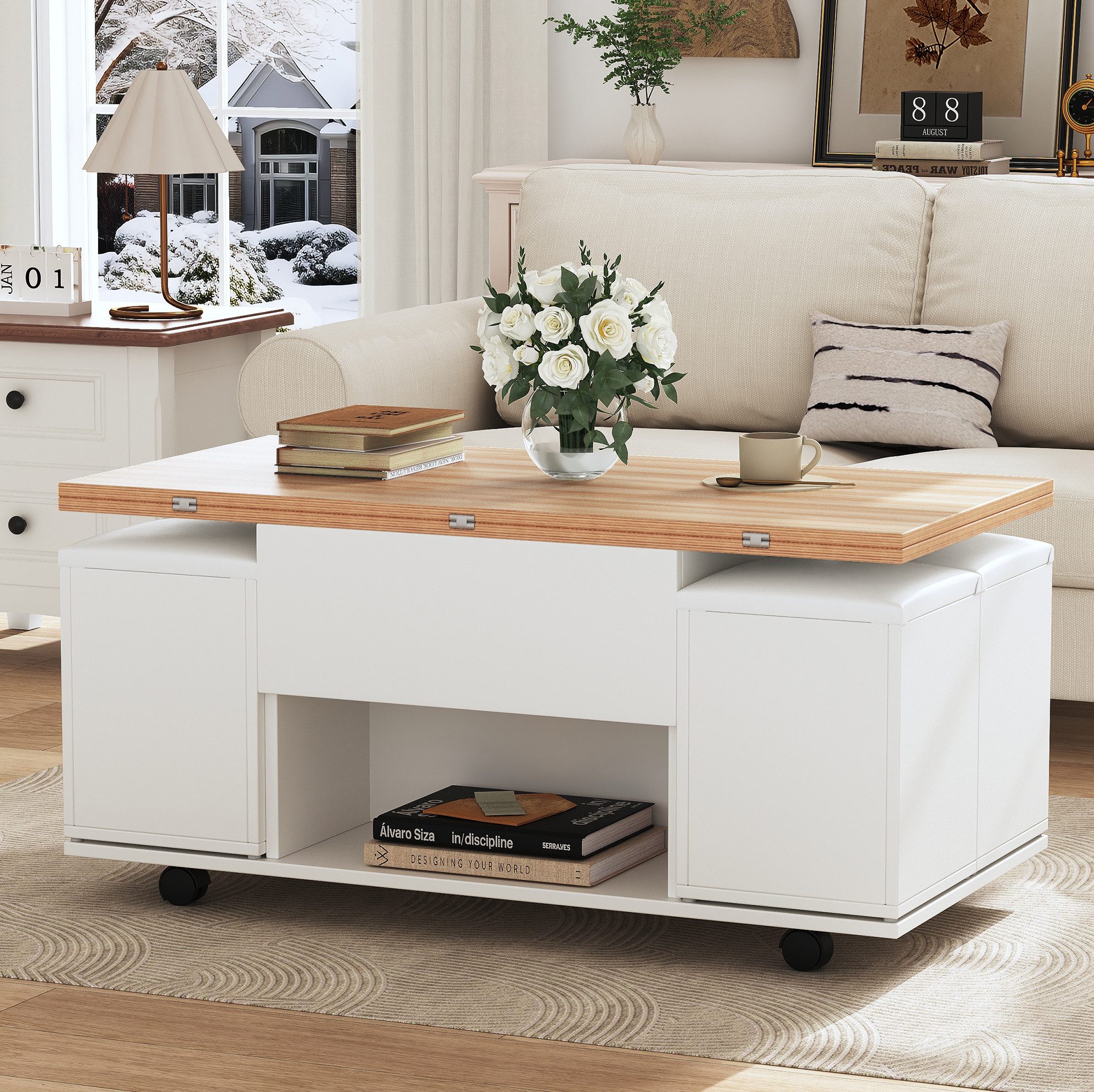 OKWISH Couchtisch Kompakter Tisch mit 4 Hockern & Höhenverstellung (Packung, 1-St., Weiß+Natur, 100×50×48 cm, für Wohnzimmer & Esszimmer), 3-in-1, Rollen, Stauraum, vielseitig