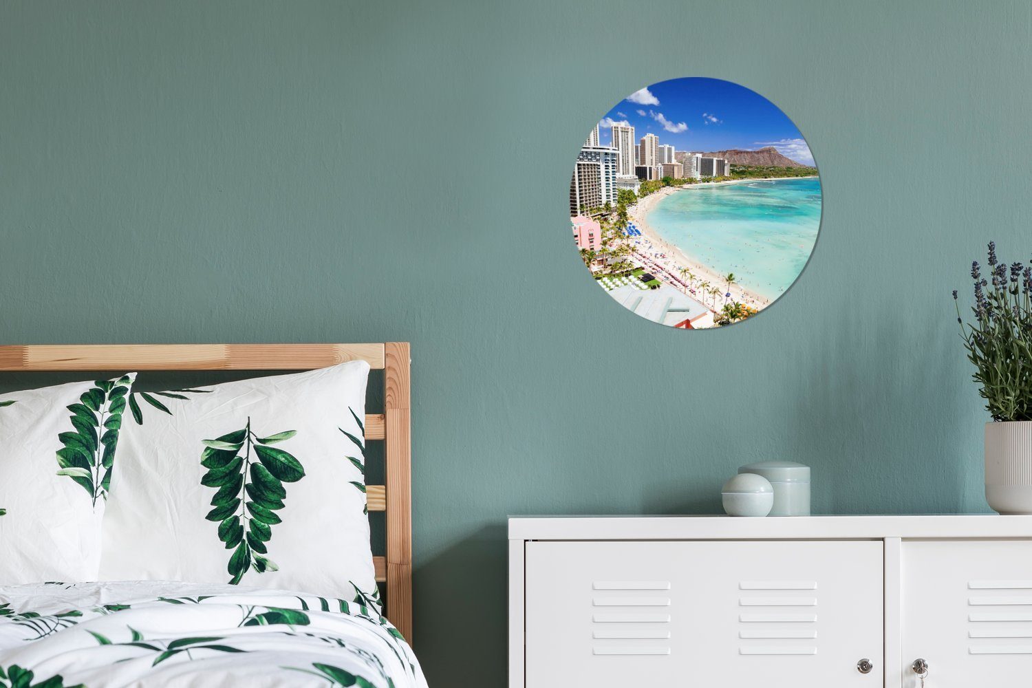 Waikiki vor cm Wandbild, Rundes Gemälde Wohnzimmer, der (1 Beach MuchoWow Der Honolulu, von 30x30 Kreis Hawaii, Forex, St), Wanddekoration Küste