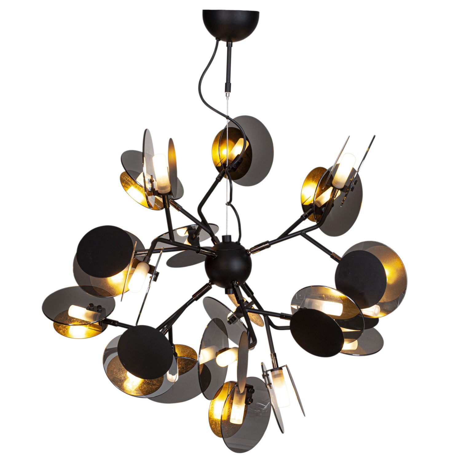 Licht-Erlebnisse Pendelleuchte SOREN, ohne Leuchtmittel, Metall Glas B: 80 cm H: max. 140 cm verstellbar in Schwarz Gold 8x G9