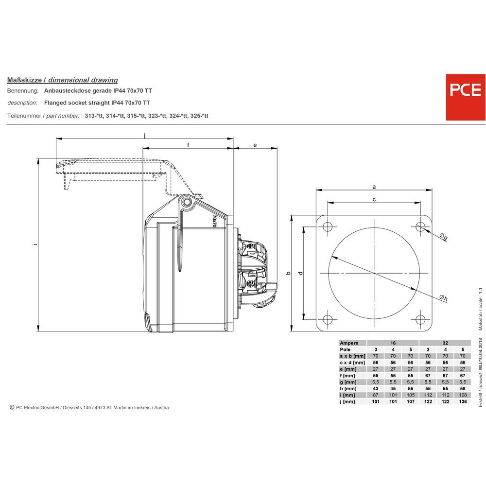 PCE Steckdose PCE St. 5polig 325-6tt A 400 1 32 CEE Anbaudose V