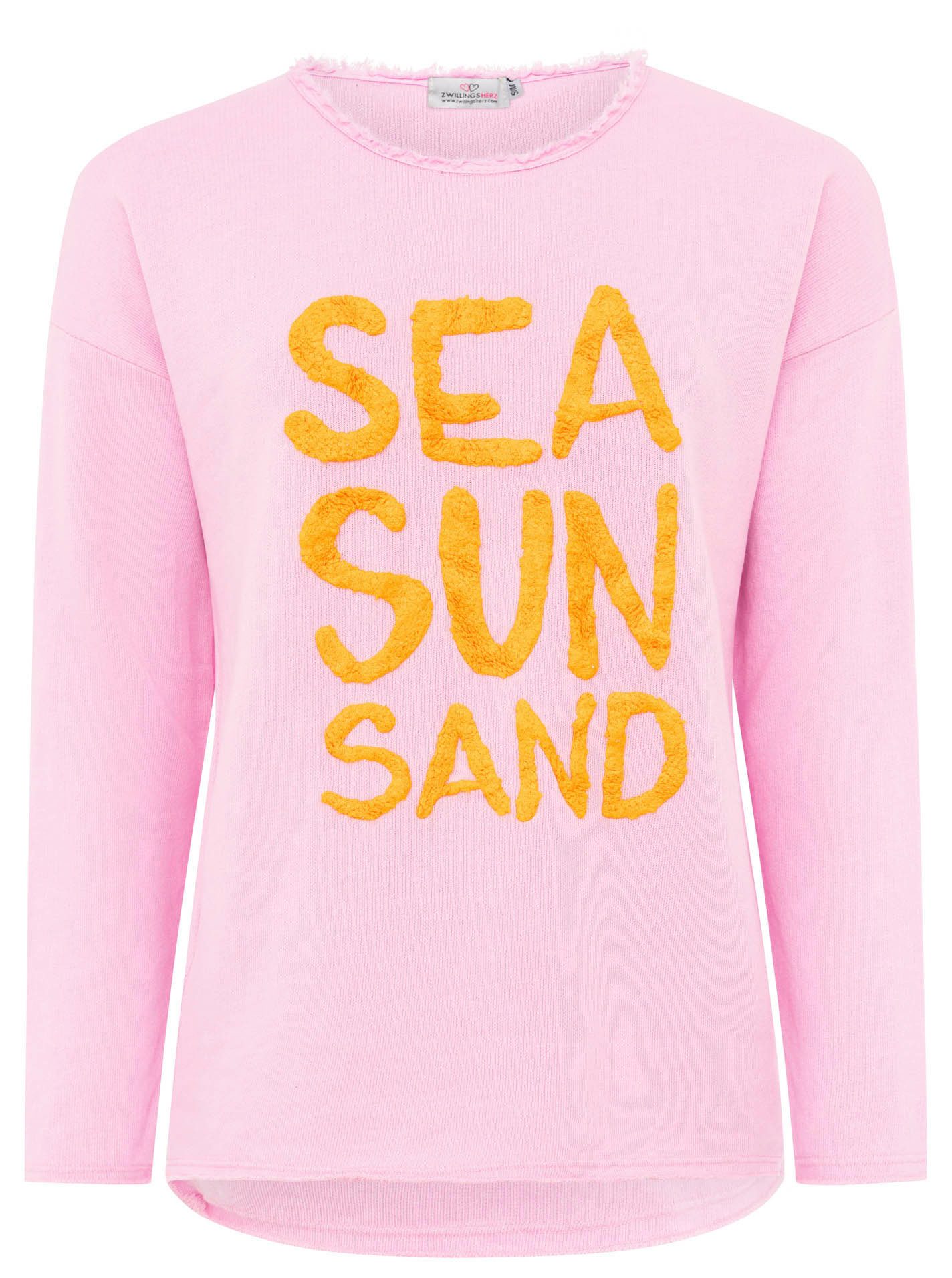Zwillingsherz Sweater "Sea Sand Sun" Flock-Print, ausgefranster Rundhalsaus günstig online kaufen