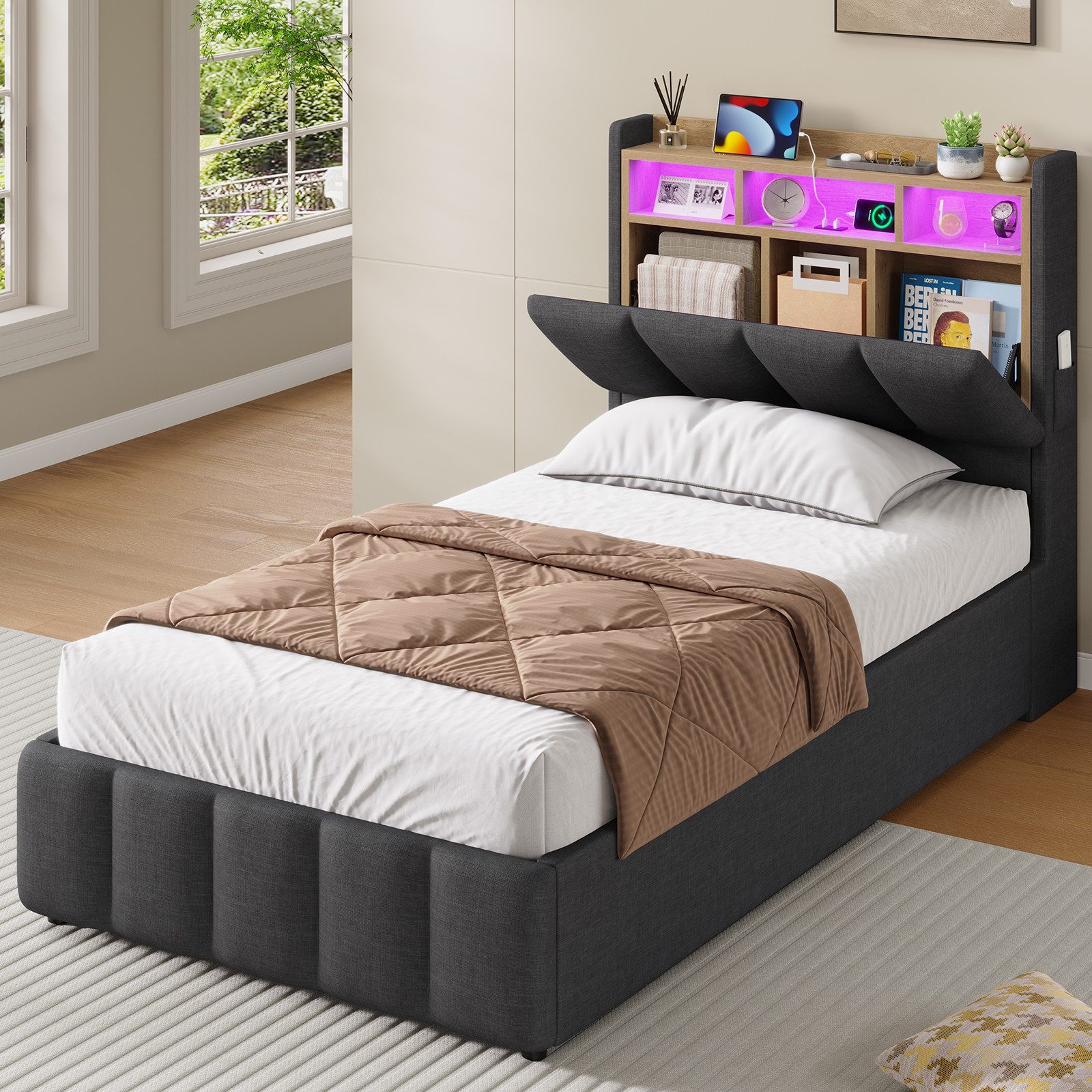 KIMENICH Polsterbett mit LED Beleuchtung und Ladefunktion (1-tlg., Ohne Matratze), Jugendbett Hydraulisches Stauraumbett, 90x200 cm