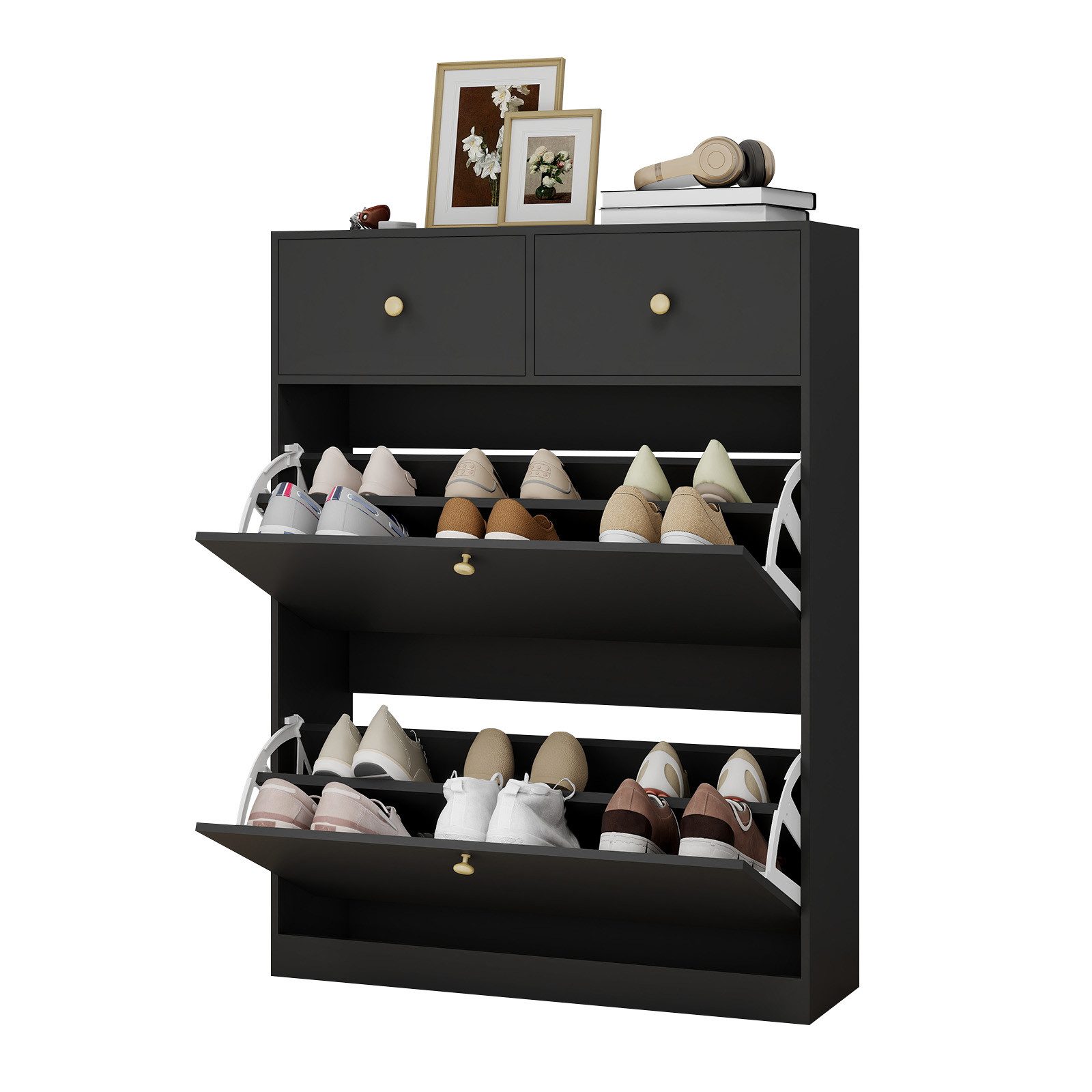 Puluomis Schuhschrank Schuhkipper mit 2 Schublade, 2 Klappen Schuhregal 24x80x106 cm (mit Kippschutz, weiß)