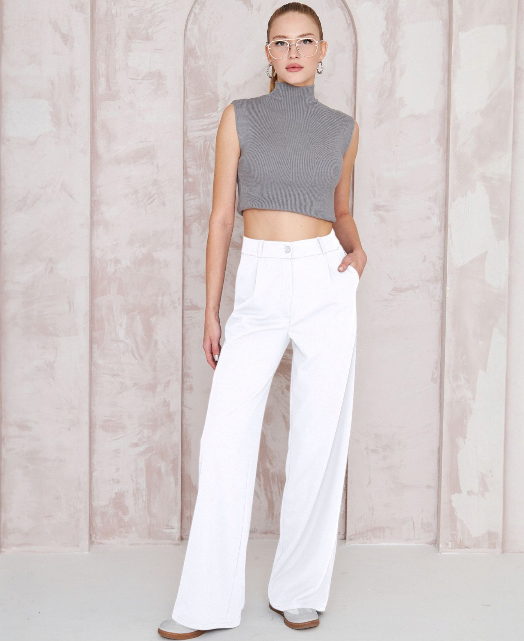 fashionshowcase Palazzohose Damen Stoffhose Marlenehose mit elastischem, hohem Bund