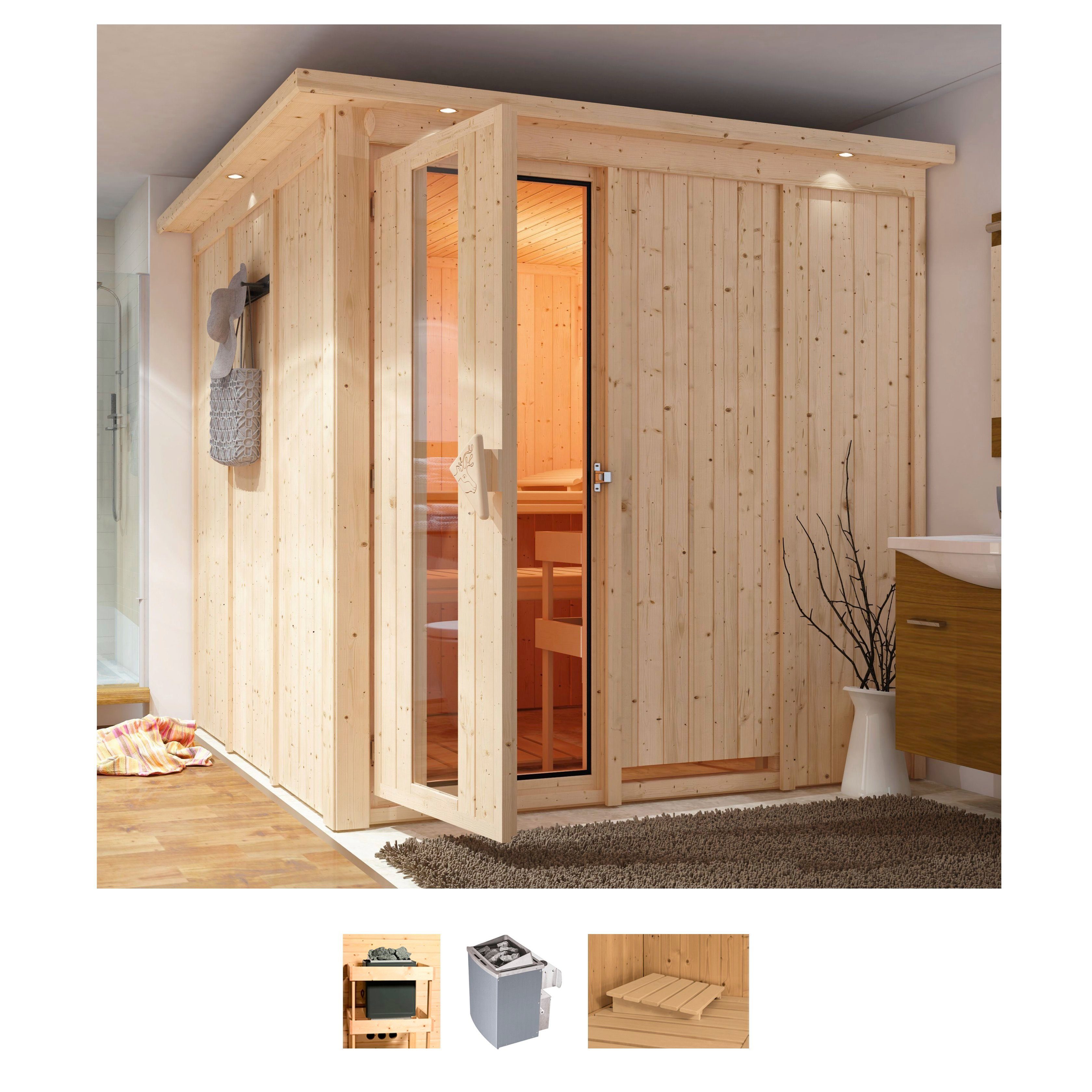 Karibu Sauna Romina, BxTxH: 210 x 210 x 202 cm, 68 mm, (Set) 9-kW-Ofen mit integrierter Steuerung