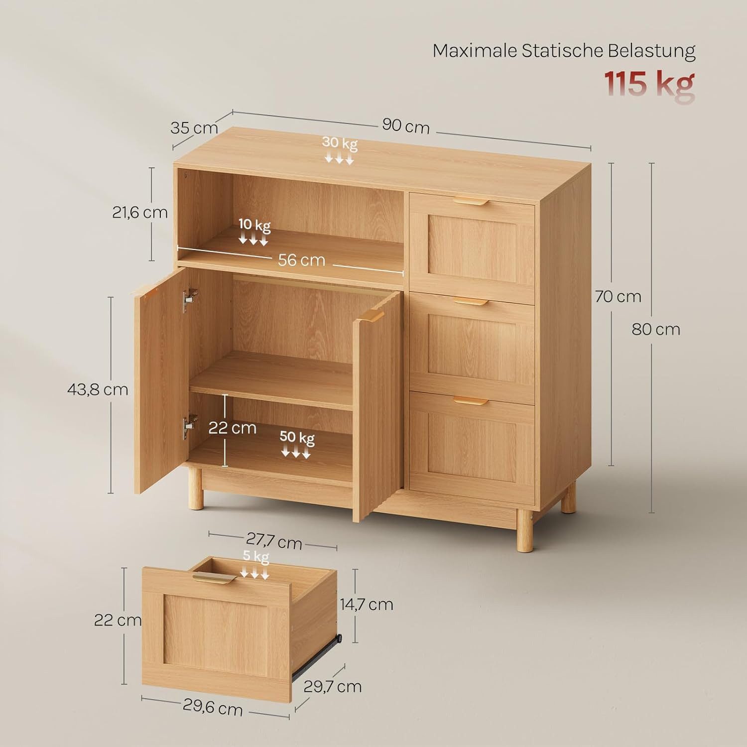 Woltu Sideboard, Kommode mit 3 Schubladen, Küchenschrank mit verstellbarer Ablage