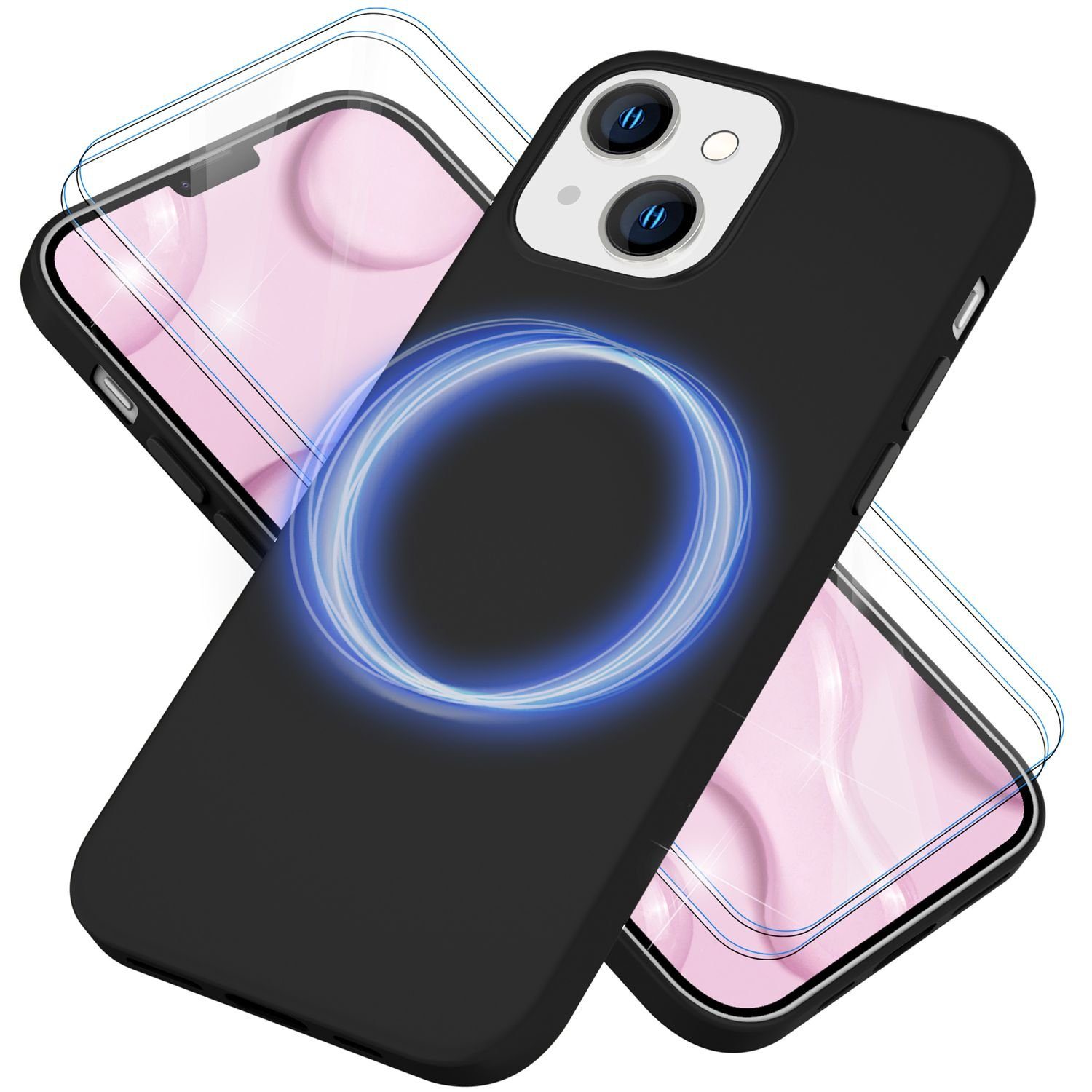 Nalia Smartphone-Hülle Apple iPhone 14 15,5 cm (6,1 Zoll), Liquid Silikon Hülle / MagSafe Funktion / 2x Schutzglas / Anti-Schmutz