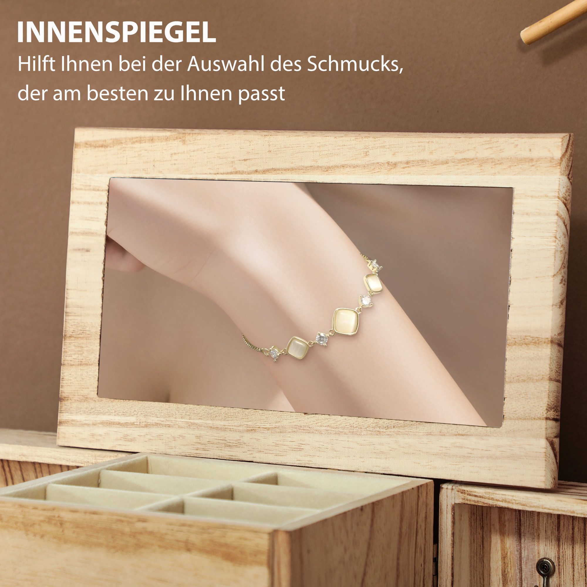 HOMCOM Schmuckkasten Schmuckkästchen Holz mit 4 Ebenen mit Spiegel und Schubladen (Schmuckbox, 1 St., Schmuckschatulle), für Ringe, Ohrringe Braun – Bild 5 von 5