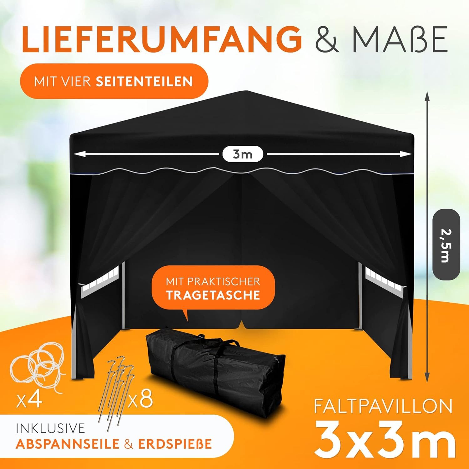 Thumbnail - Kronenburg Faltpavillon 3x3 m wasserdicht - Gartenpavillon, Partyzelt stabil, UV-Schutz 50+, mit 4 Seitenteilen, Wetterf...