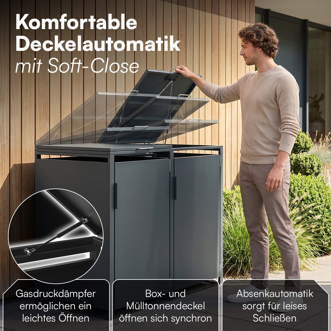 STEELSØN Mülltonnenbox Thoria 120 L aus verzinktem Stahl (Anthrazit, verfügbar mit 1, 2, 3, 4, oder 5 Türen), für 2 Mülltonnen, mit magnetischem Türgriff