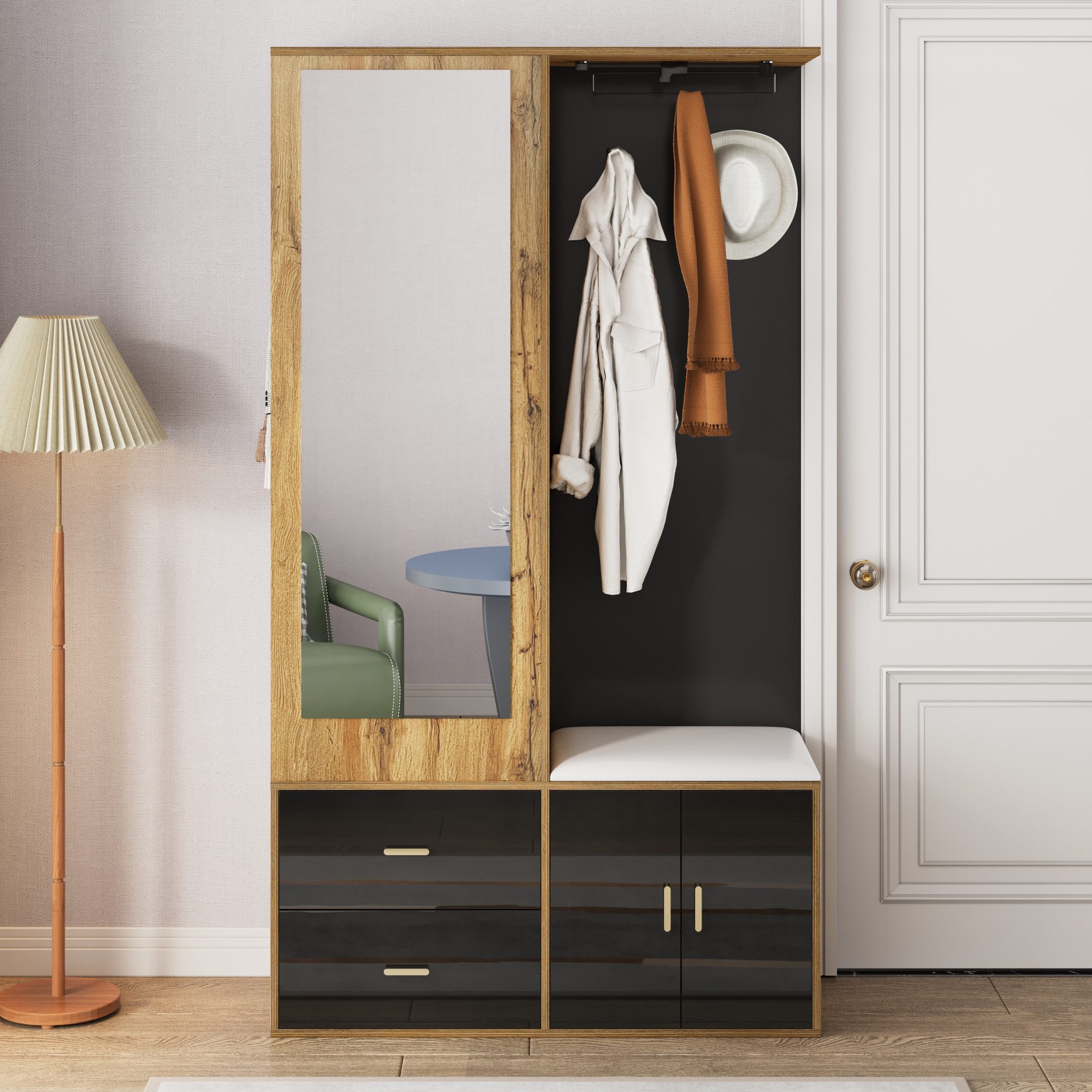 Flieks Garderoben-Set mit Ankleidespiegel, Schuhschrank, Schuhbank, Haken und Kleiderstange, (1-St., B100/T38/H180 cm), Garderobenschrank mit Schublade Garderobenständer Holzoptik