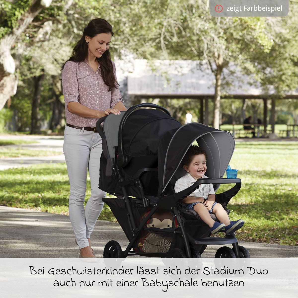 Graco Geschwisterwagen Stadium Duo - Titanium, Zwillingskinderwagen Geschwister Buggy Einhändig kompakt Faltbar