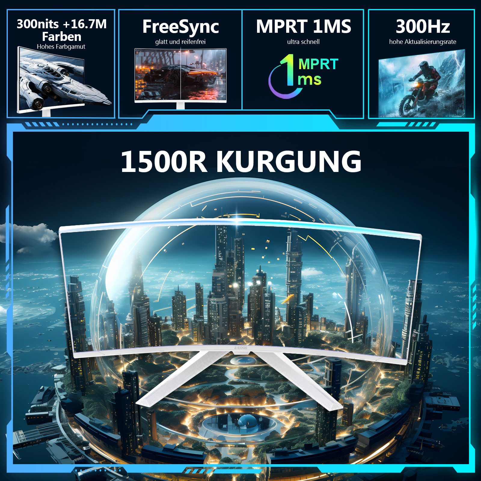 Z-EDGE 27 Zoll 300Hz 1ms Curved 1500R VA 1080P Curved-Gaming-Monitor (68,6 cm/27 ", 1920x1080 px, Full HD, 1 ms Reaktionszeit, 300 Hz, LCD)