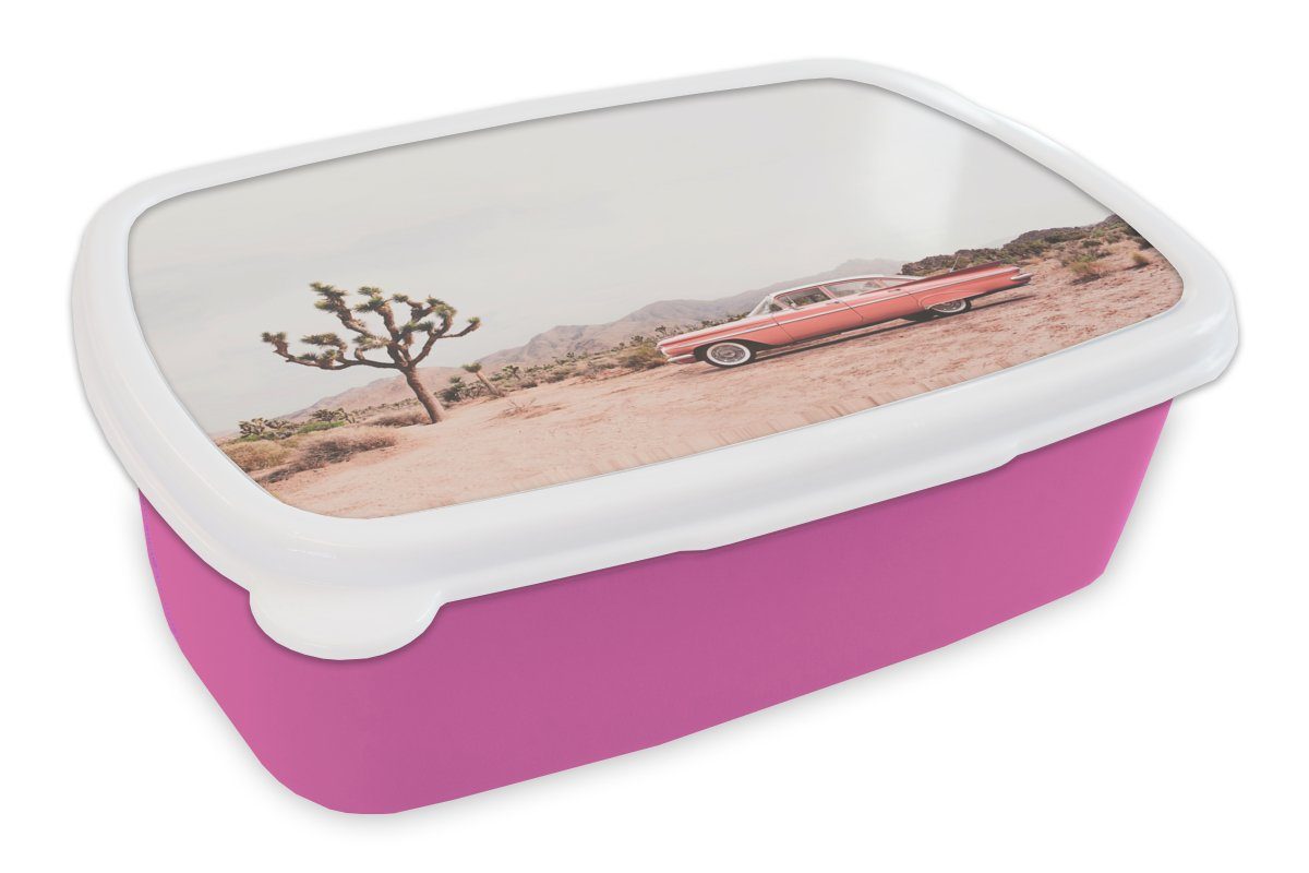 MuchoWow Lunchbox Auto - Wüste - Baum - Berge - Sand, Kunststoff, (2-tlg), Brotbox für Erwachsene, Brotdose Kinder, Snackbox, Mädchen, Kunststoff rosa