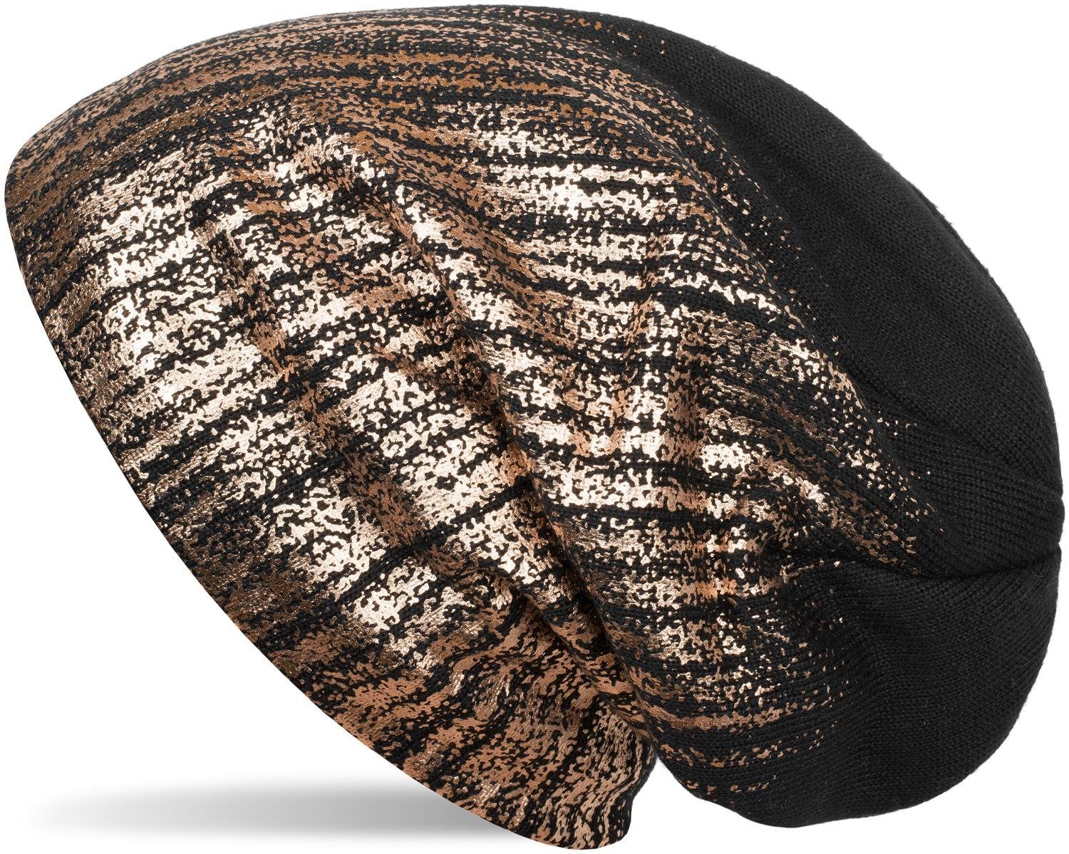 styleBREAKER Strickmütze (1-St) Feinstrick Beanie mit Metallic Print Schwarz / Rosegold