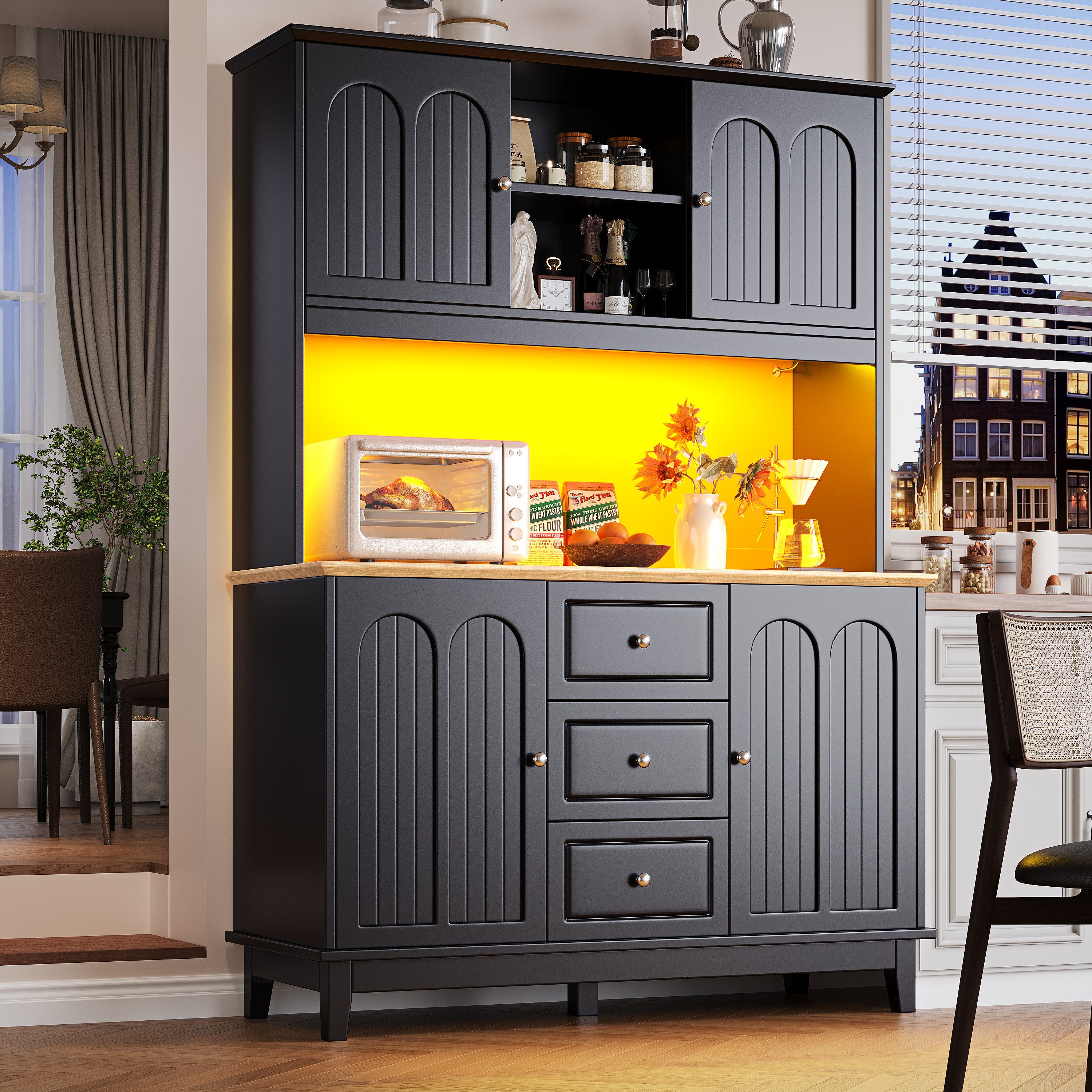 Hochschrank mit LED-Beleuchtung,Highboard Aufwahrungsschrank mit Kippschutz