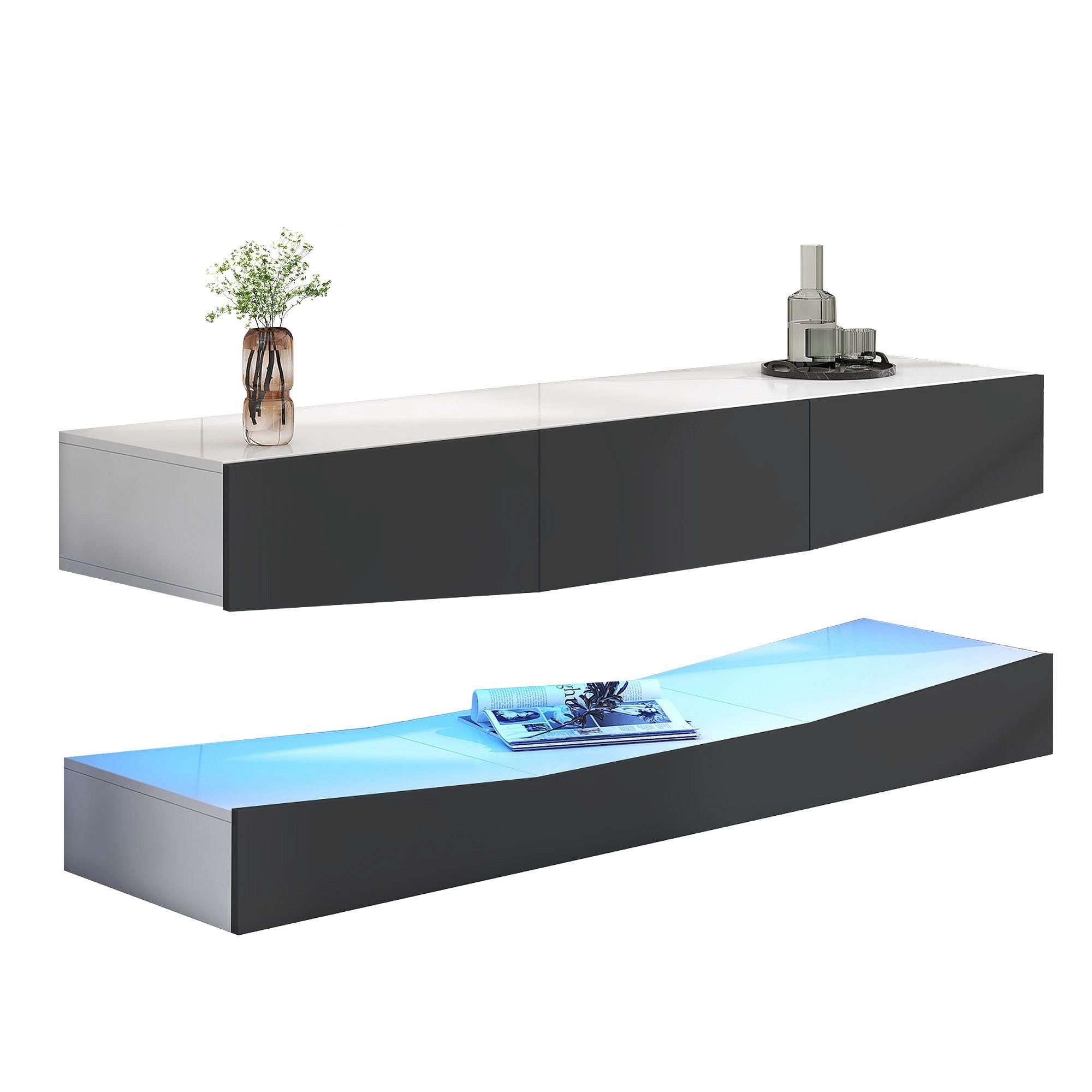 180cm befestigter TV-Schrank mit schwimmender, LED-Beleuchtung Hängend Celya Schwarz TV-Schrank Wandbefestigung LED Wand