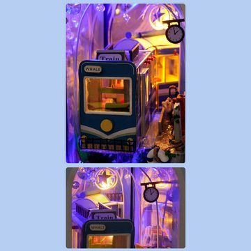 OKWISH 3D-Puzzle Buchstütze Miniatur Holz Bücherregal Holzbausatz Puppenhaus Dekoration, Puzzleteile, 3D Haus Bücherecke Geschenk Geburtstag Weihnachten DIY mit LED-Licht