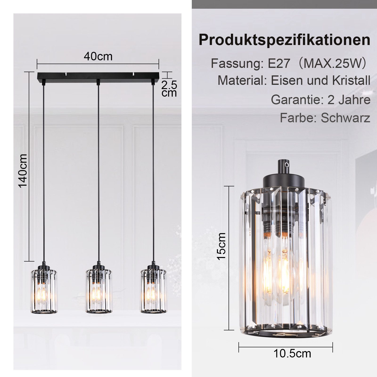 Nettlife Pendelleuchte Kristall Esstisch Schwarz Modern 1/3/4 Flammig E27 Hängeleuchte, LED wechselbar, Esszimmerlampe für Wohnzimmer Schlafzimmer Küche