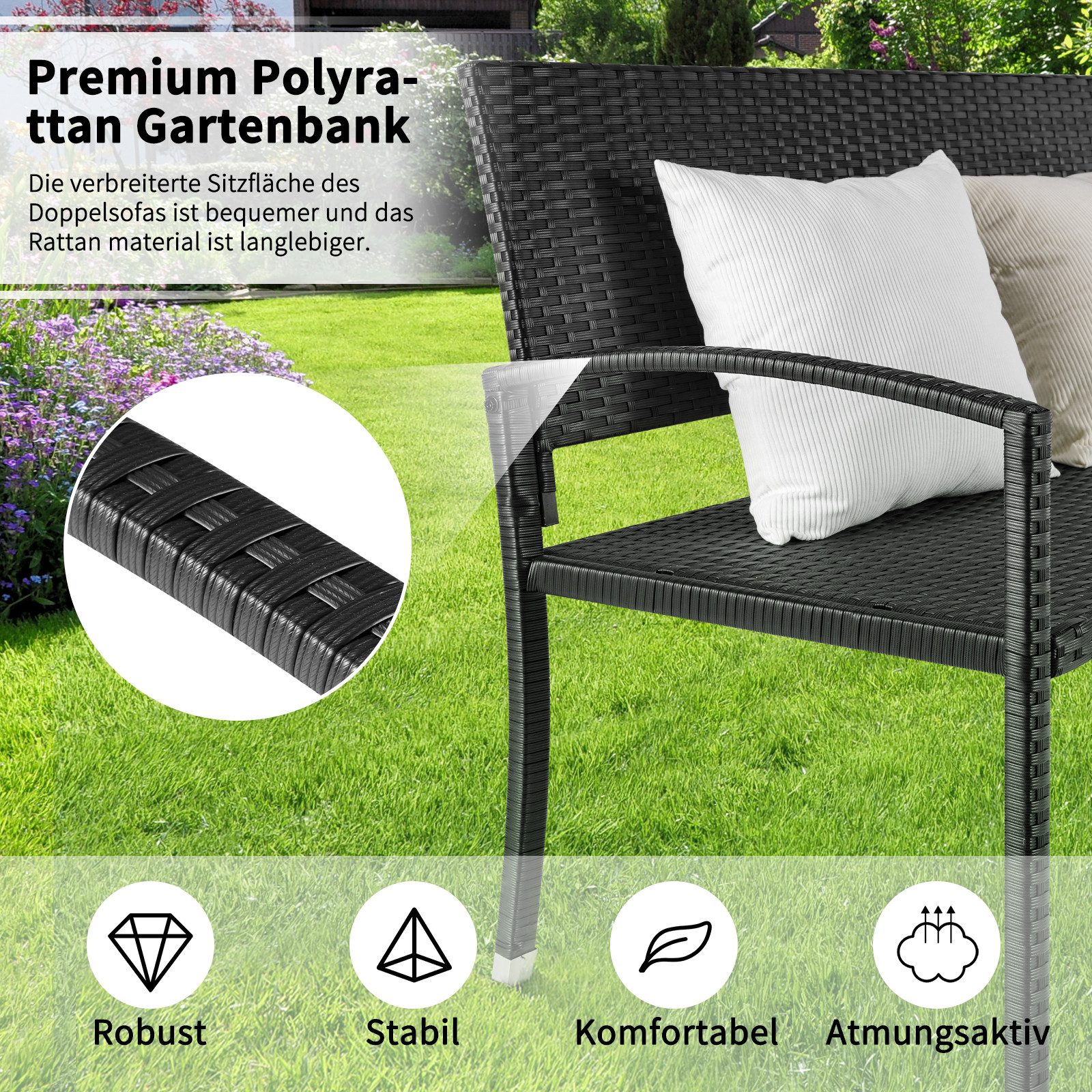 TLGREEN Gartenbank Polyrattan Sitzbank Wetterfest, 2 Sitzer Parkbank (Rattanbank), aus UV-beständigem Polyrattan-Geflecht