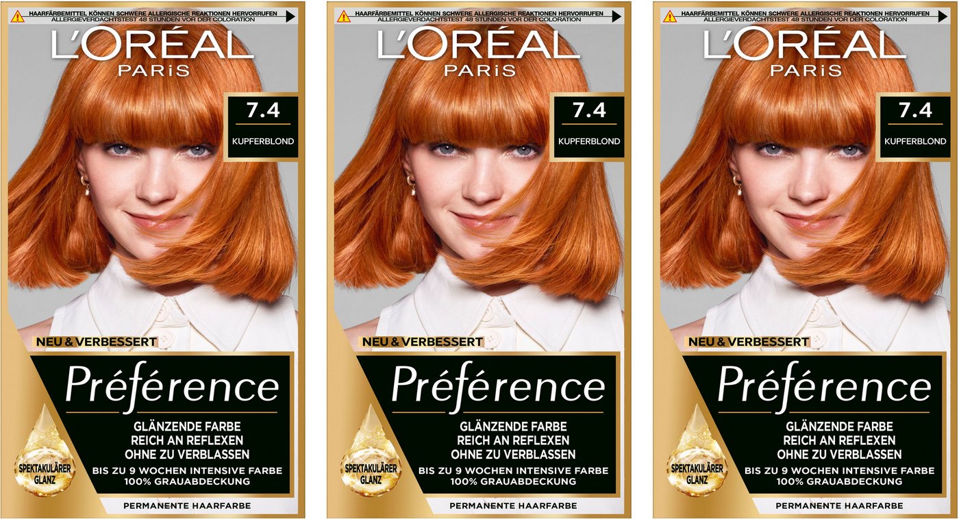 L'ORÉAL PARIS Coloration PRÉFÉRENCE HAARFARBE, Packung, 3-tlg., dauerhafte Haarcoloration mit 100% Grauabdeckung