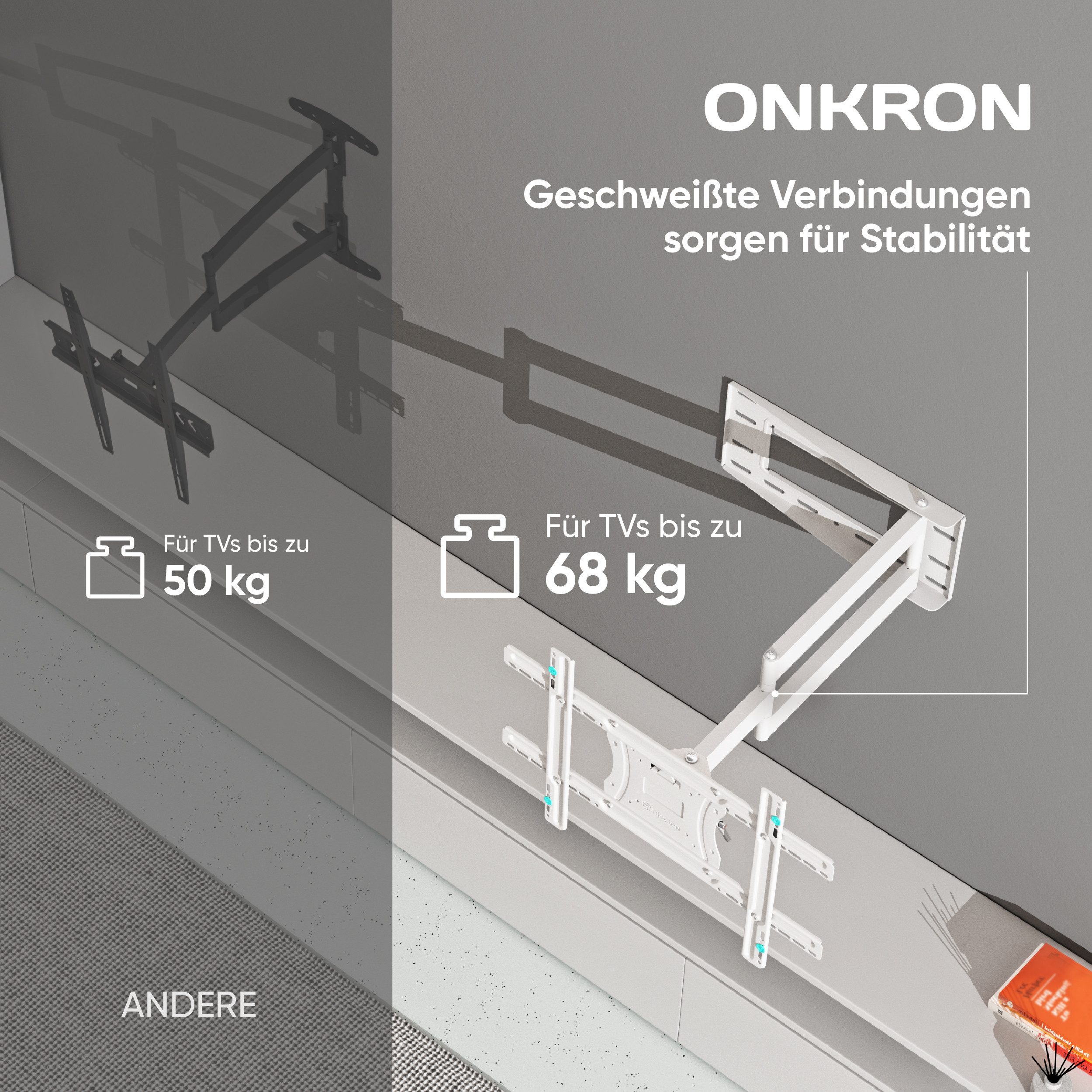 ONKRON TV-Wandhalterung 40-75 Zoll, bis 68 kg, VESA 100x100-600x400, M7L-W, (bis 75,00 Zoll, schwenkbar, neigbar, ausziehbar, langer Arm, horizontale Nivellieru – Bild 4 von 5