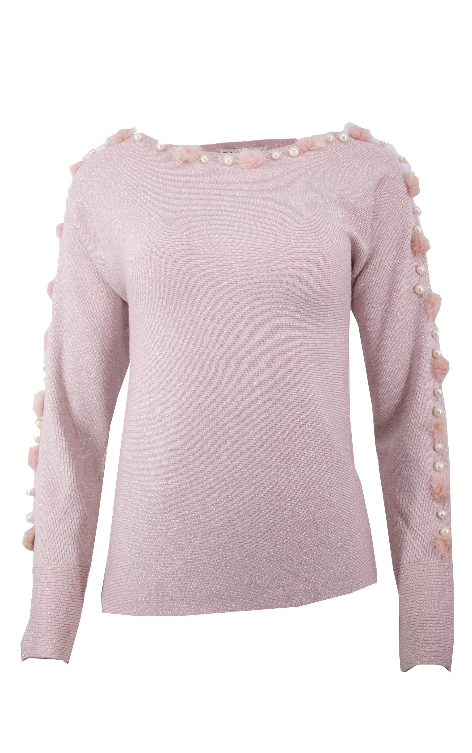 Passioni Strickpullover mit U-Boot-Ausschnitt, Bommel und Perlenverzierung günstig online kaufen